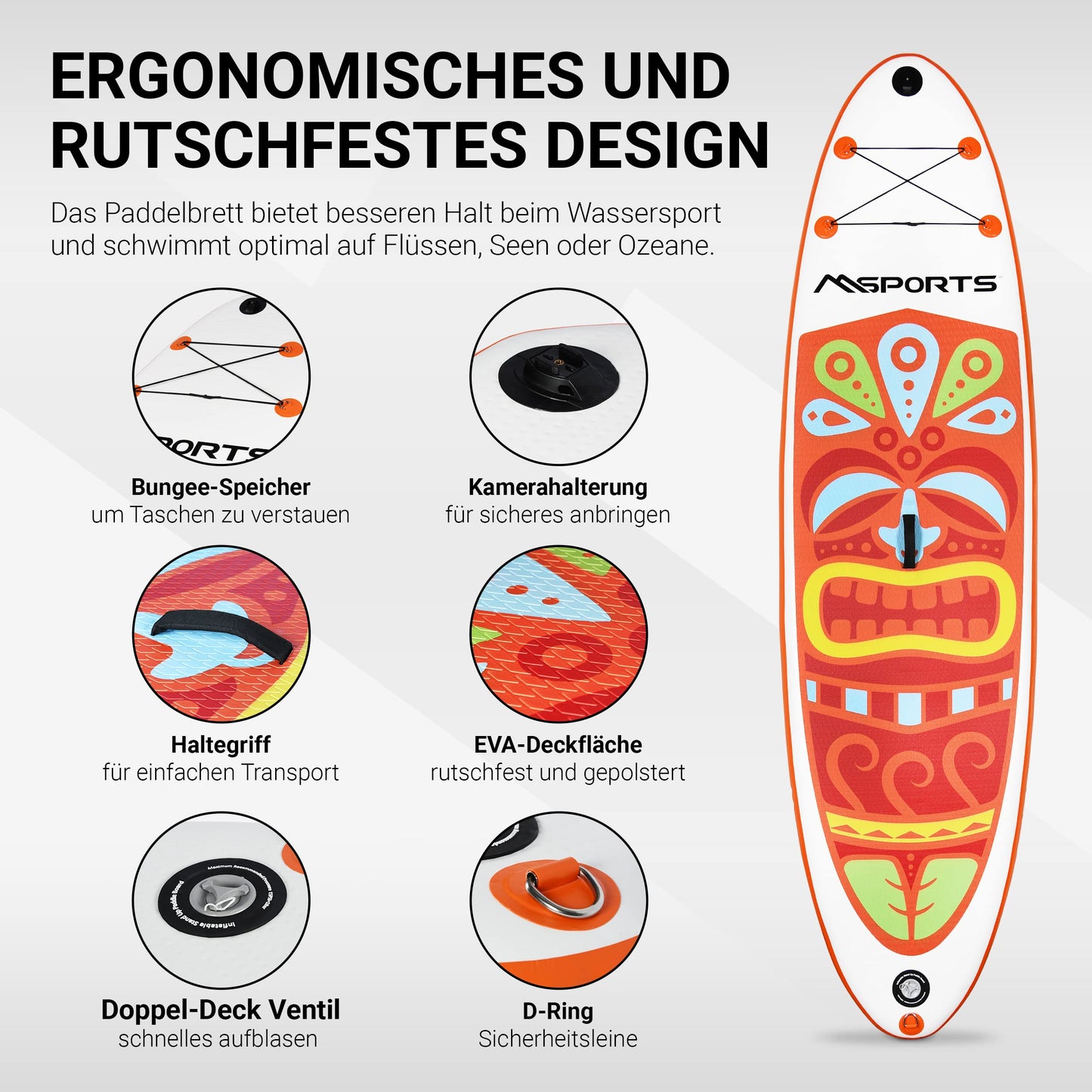MSPORTS Stand Up Paddle Board Aufblasbar Komplettes Paddleboard Zubehör Verstellbares Paddel, hochwertige Pumpe + 2X Paddelstock + wasserdichte Smartphone Tasche + Multifunktionstasche