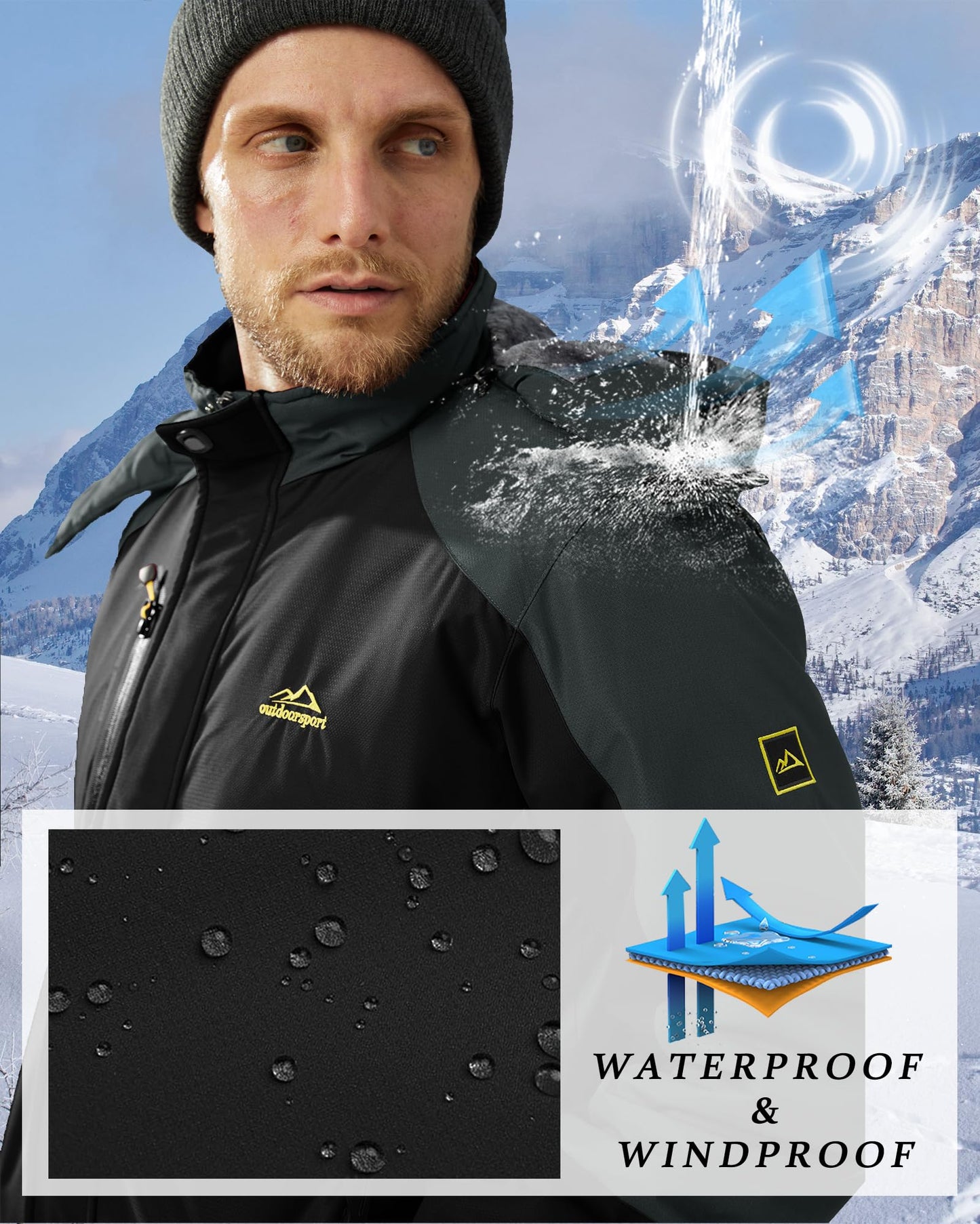 KEFITEVD Snowboardjacke Herren Warm Gefüttert Skijacke Wasserdicht Softshell Jacke mit Kapuze Fleece Winterjacke Atmungsaktiv Funktionsjacke