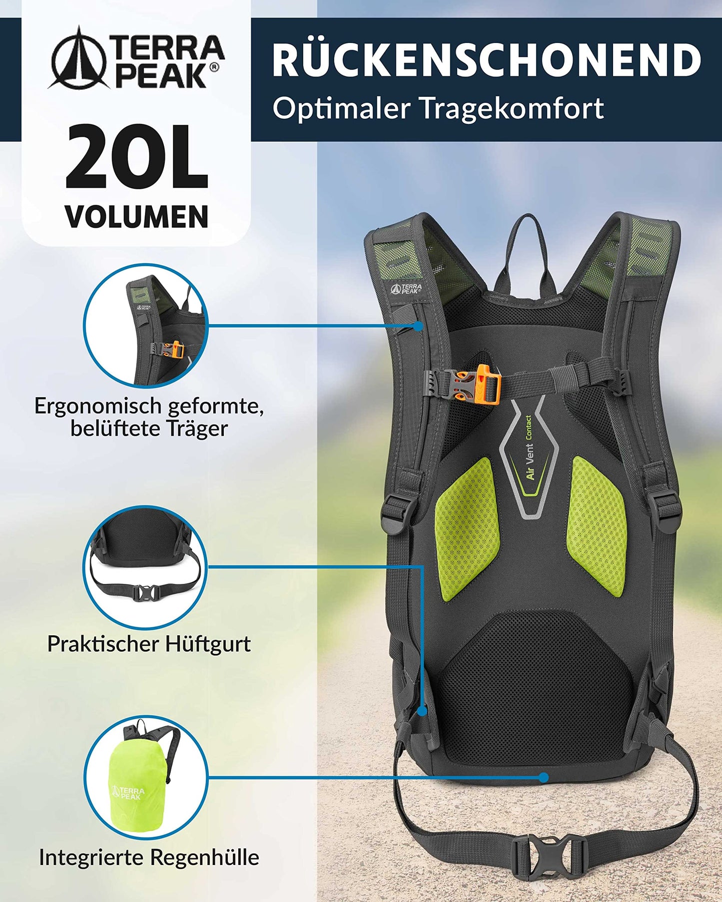 ELB walk Terra Peak Wanderrucksack 20L Active 20 Premium (klein) Trekkingrucksack mit Rückenbelüftung, Regenschutz-hülle & Trinksystem-Halterung, aus atmungsaktivem 3D Air Mesh, Outdoor Daypack mit Hüftgurt