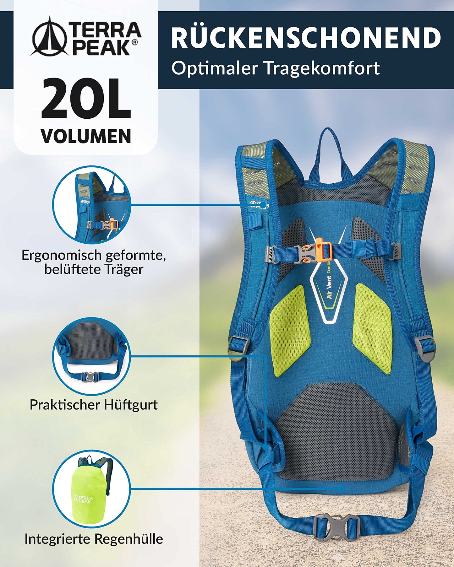 ELB walk Terra Peak Wanderrucksack 20L Active 20 Premium (klein) Trekkingrucksack mit Rückenbelüftung, Regenschutz-hülle & Trinksystem-Halterung, aus atmungsaktivem 3D Air Mesh, Outdoor Daypack mit Hüftgurt