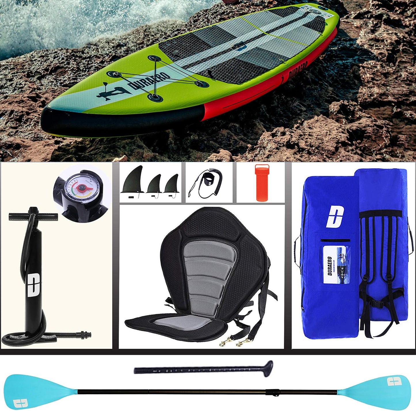 3.ELB Adventure Stand up Paddling Board Aufblasbare SUP Board Set, inkl. Kajak Sitz, 330x76x15cm, Tragkraft bis 150Kg, Cam Halterung, Integrierte Kick-Pad, 3 Finnen, Verstellbares Doppel-Paddel, Komplettes Zubehör