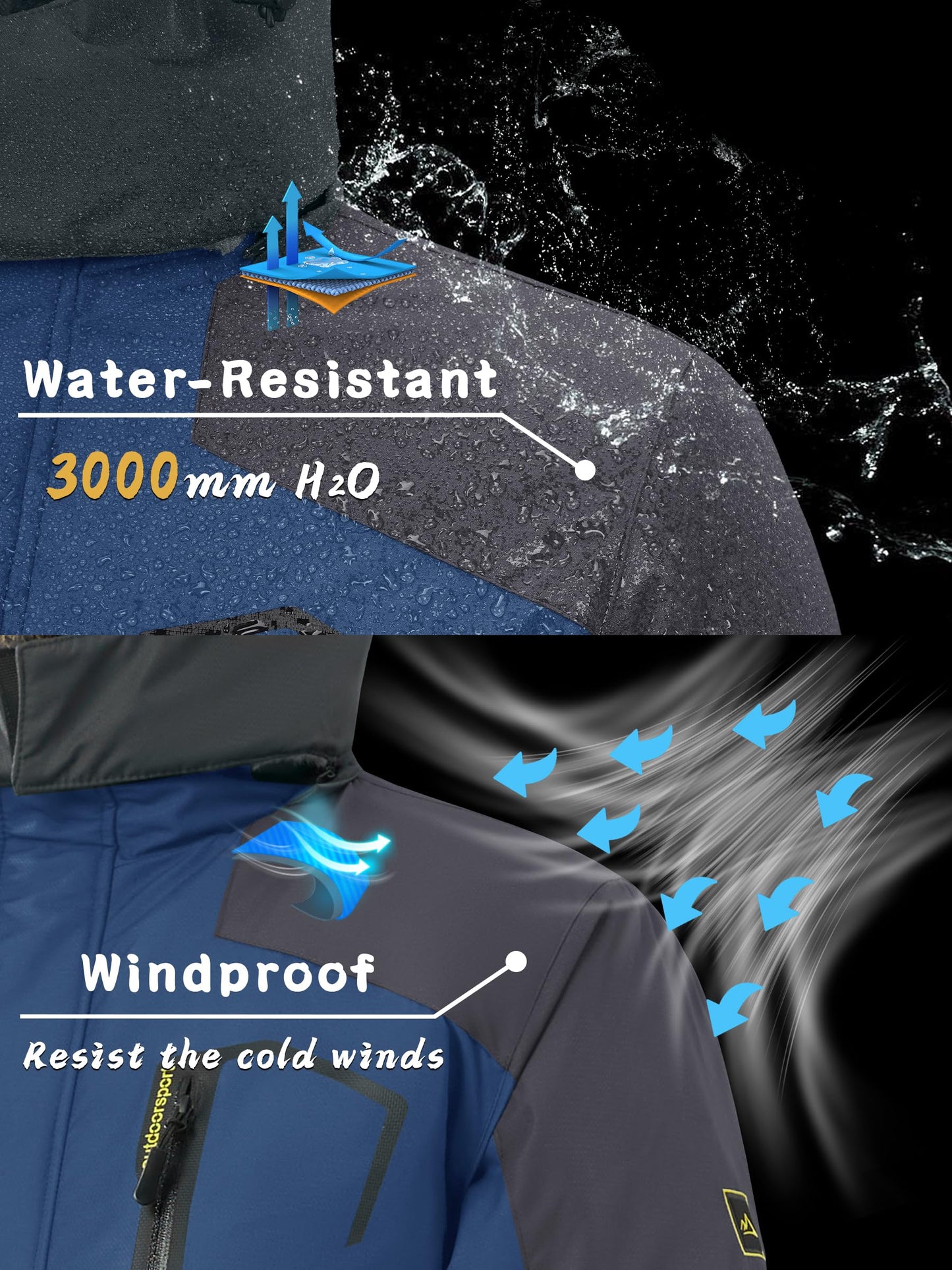 KEFITEVD Herren Skijacke Atmungsaktiv Warm Gefüttert Winterjacke mit Abnehmbarer Kapuze Snowboardjacke Wasserdicht Outdoorjacke