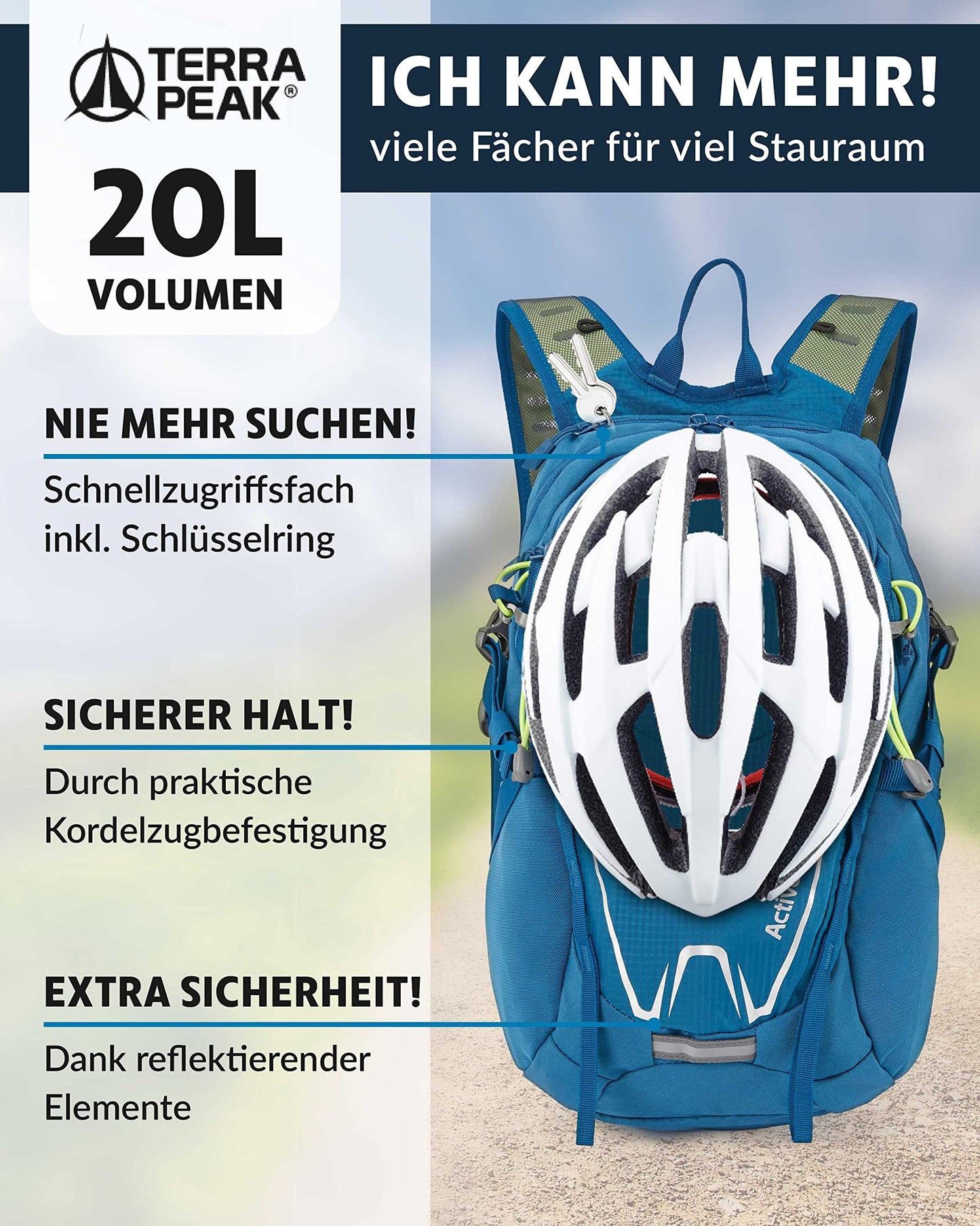 ELB walk Terra Peak Wanderrucksack 20L Active 20 Premium (klein) Trekkingrucksack mit Rückenbelüftung, Regenschutz-hülle & Trinksystem-Halterung, aus atmungsaktivem 3D Air Mesh, Outdoor Daypack mit Hüftgurt