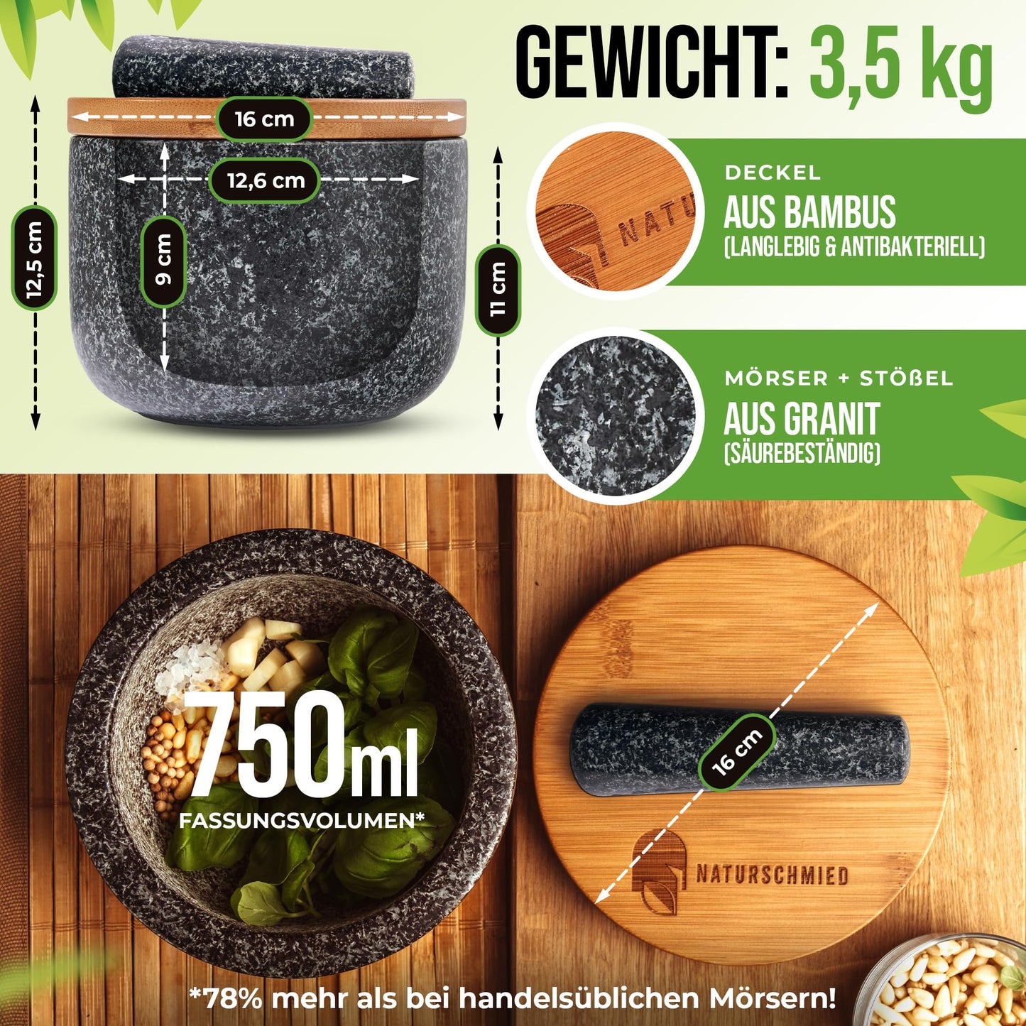 NATURSCHMIED Mörser mit Stößel & Deckel - AirProof 2.0 Verschluss + SolidStand Pad | 750 ml - Hellgrauer Premium Granit Mörser - Gewürze und Kräuter mörsern - ohne Abrieb