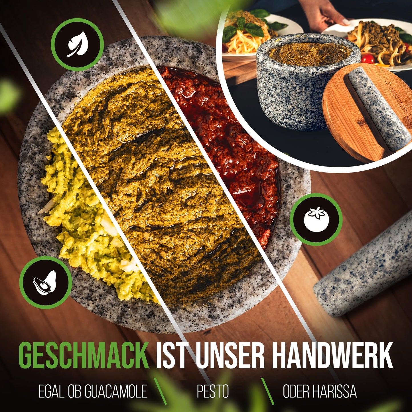 NATURSCHMIED Mörser mit Stößel & Deckel - AirProof 2.0 Verschluss + SolidStand Pad | 750 ml - Hellgrauer Premium Granit Mörser - Gewürze und Kräuter mörsern - ohne Abrieb