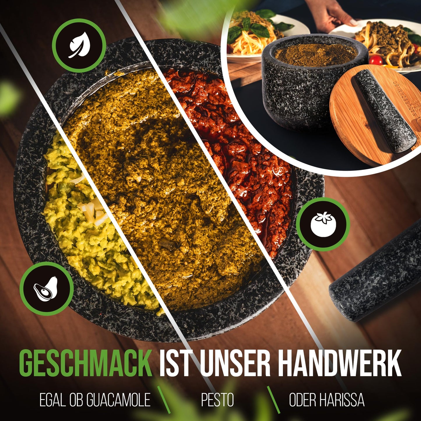 NATURSCHMIED Mörser mit Stößel & Deckel - AirProof 2.0 Verschluss + SolidStand Pad | 750 ml - Hellgrauer Premium Granit Mörser - Gewürze und Kräuter mörsern - ohne Abrieb