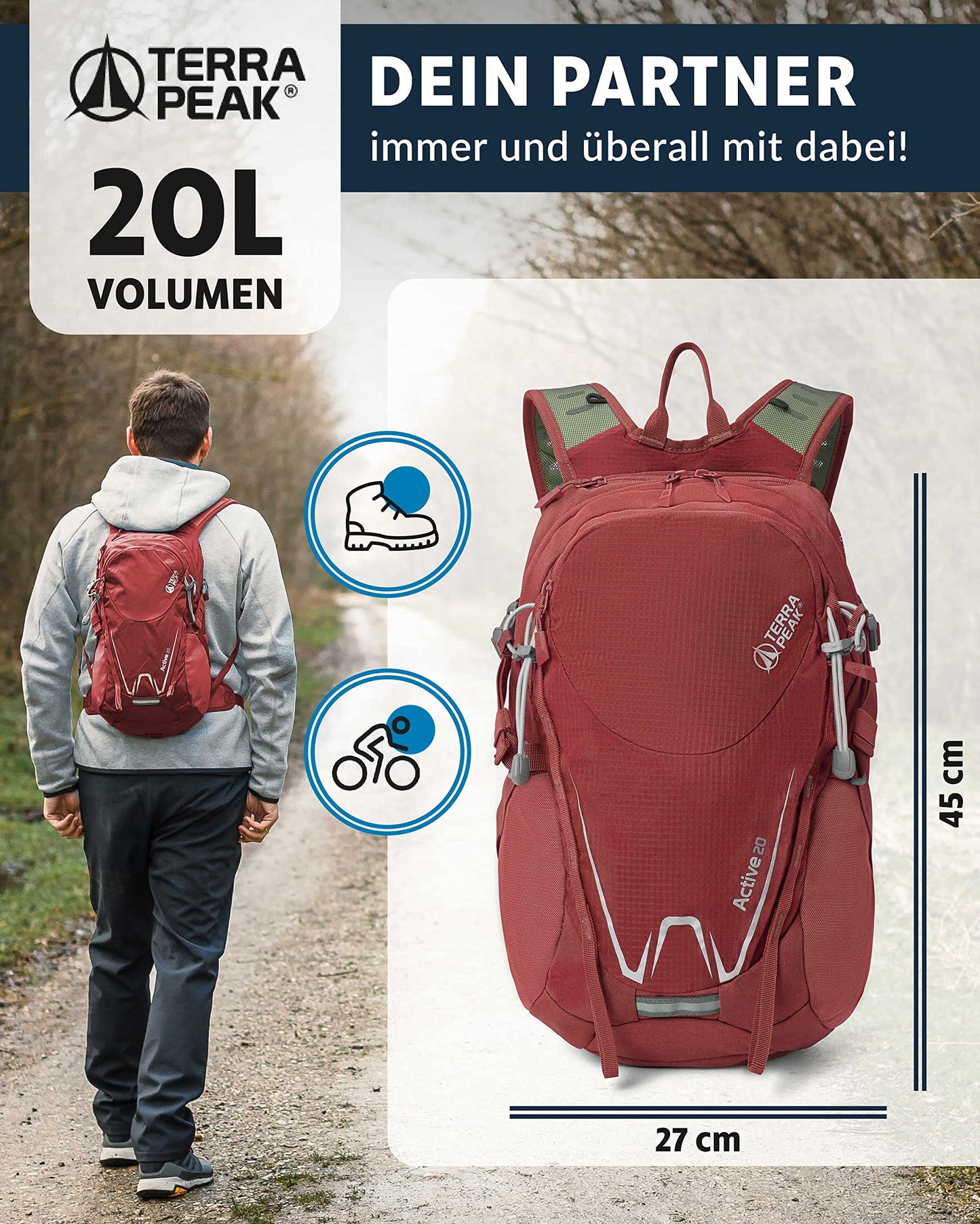 ELB walk Terra Peak Wanderrucksack 20L Active 20 Premium (klein) Trekkingrucksack mit Rückenbelüftung, Regenschutz-hülle & Trinksystem-Halterung, aus atmungsaktivem 3D Air Mesh, Outdoor Daypack mit Hüftgurt