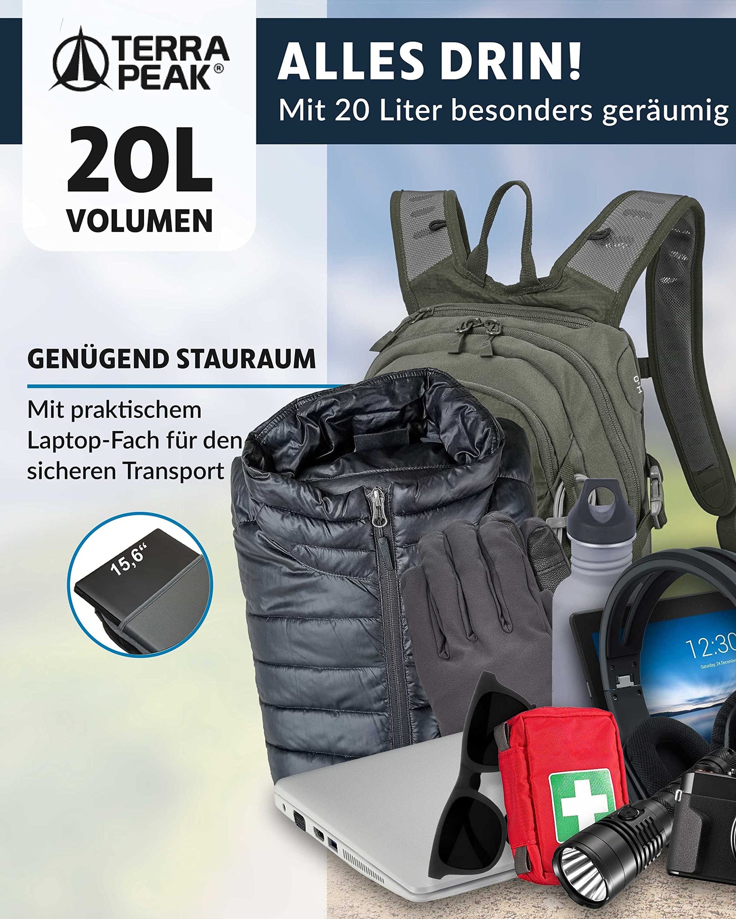 ELB walk Terra Peak Wanderrucksack 20L Active 20 Premium (klein) Trekkingrucksack mit Rückenbelüftung, Regenschutz-hülle & Trinksystem-Halterung, aus atmungsaktivem 3D Air Mesh, Outdoor Daypack mit Hüftgurt