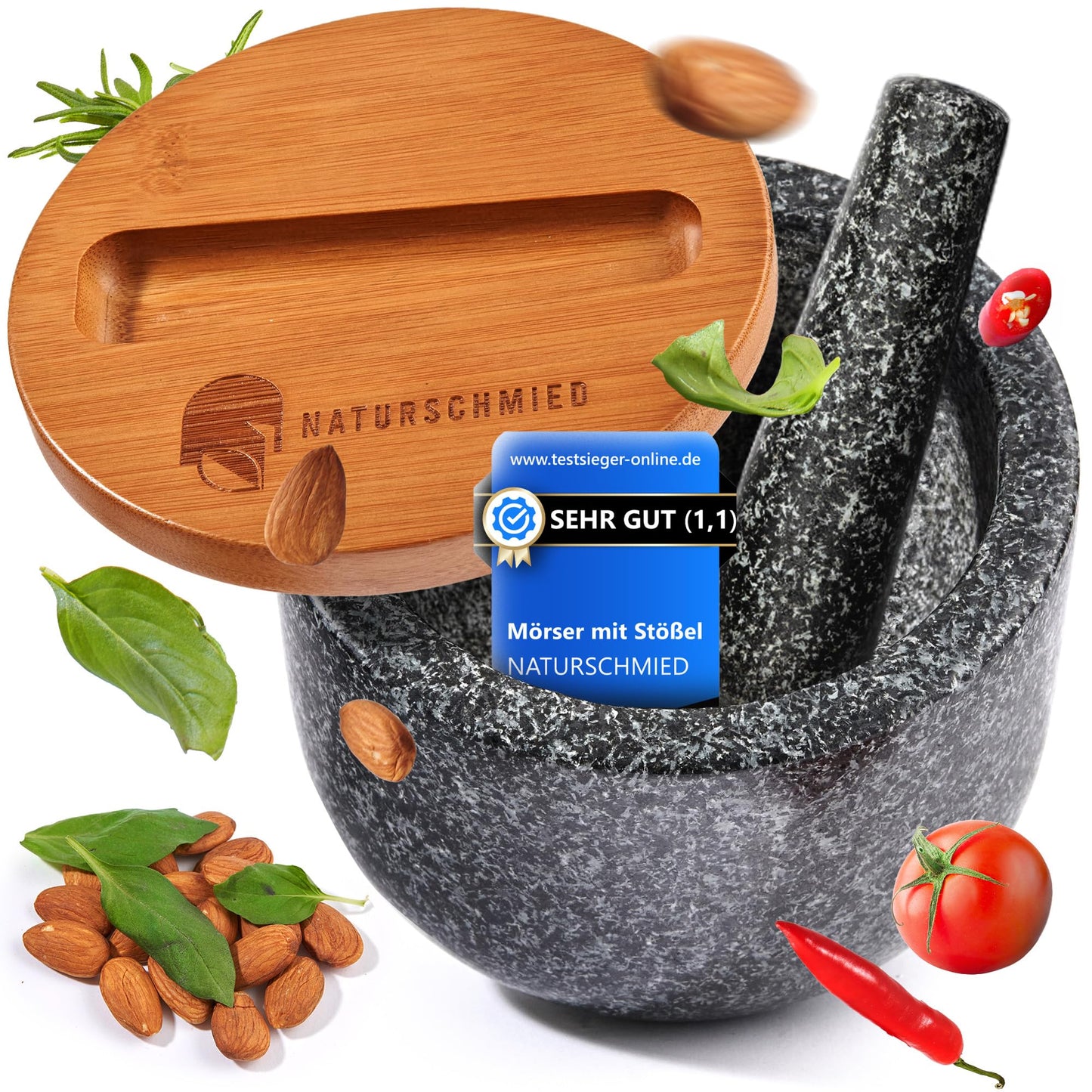 NATURSCHMIED Mörser mit Stößel & Deckel - AirProof 2.0 Verschluss + SolidStand Pad | 750 ml - Hellgrauer Premium Granit Mörser - Gewürze und Kräuter mörsern - ohne Abrieb
