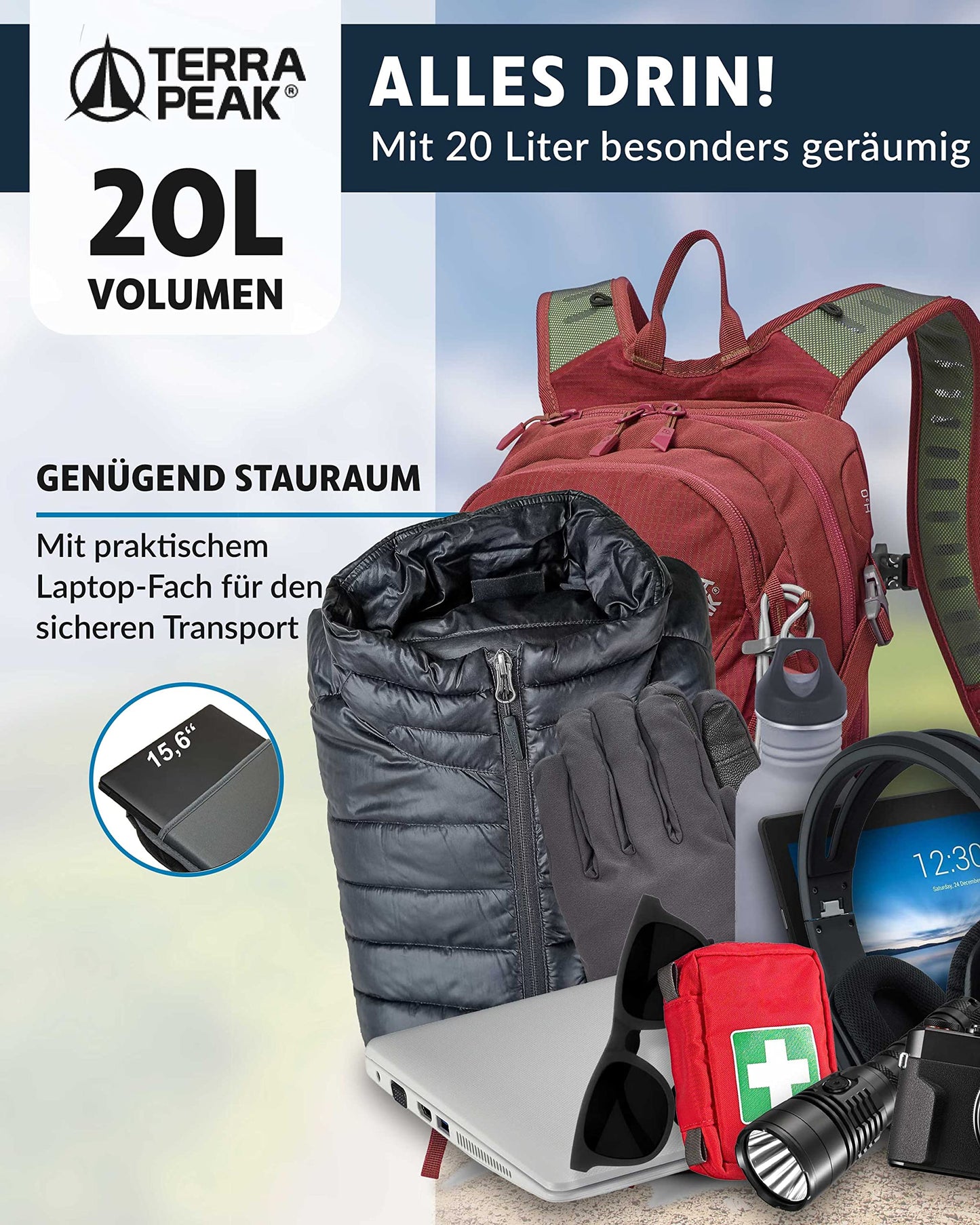 ELB walk Terra Peak Wanderrucksack 20L Active 20 Premium (klein) Trekkingrucksack mit Rückenbelüftung, Regenschutz-hülle & Trinksystem-Halterung, aus atmungsaktivem 3D Air Mesh, Outdoor Daypack mit Hüftgurt
