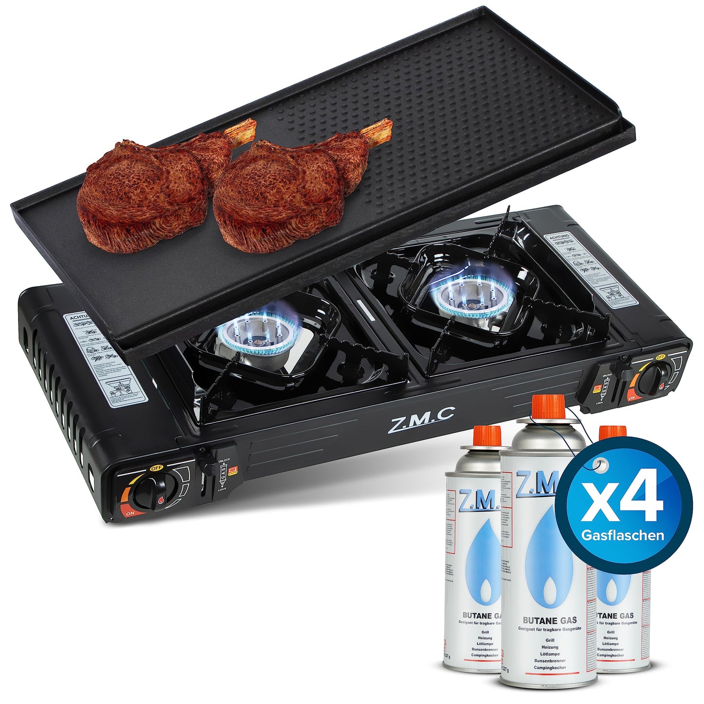 Z.M.C PREMIUM Camping Gaskocher 2-flammig + Grillplatte 45x24 cm + 8 Gaskartuschen 227g, Campingkocher mit Zündsicherung für Outdoor und Innenraum, Balkon Doppelgaskocher mit Piezozündung