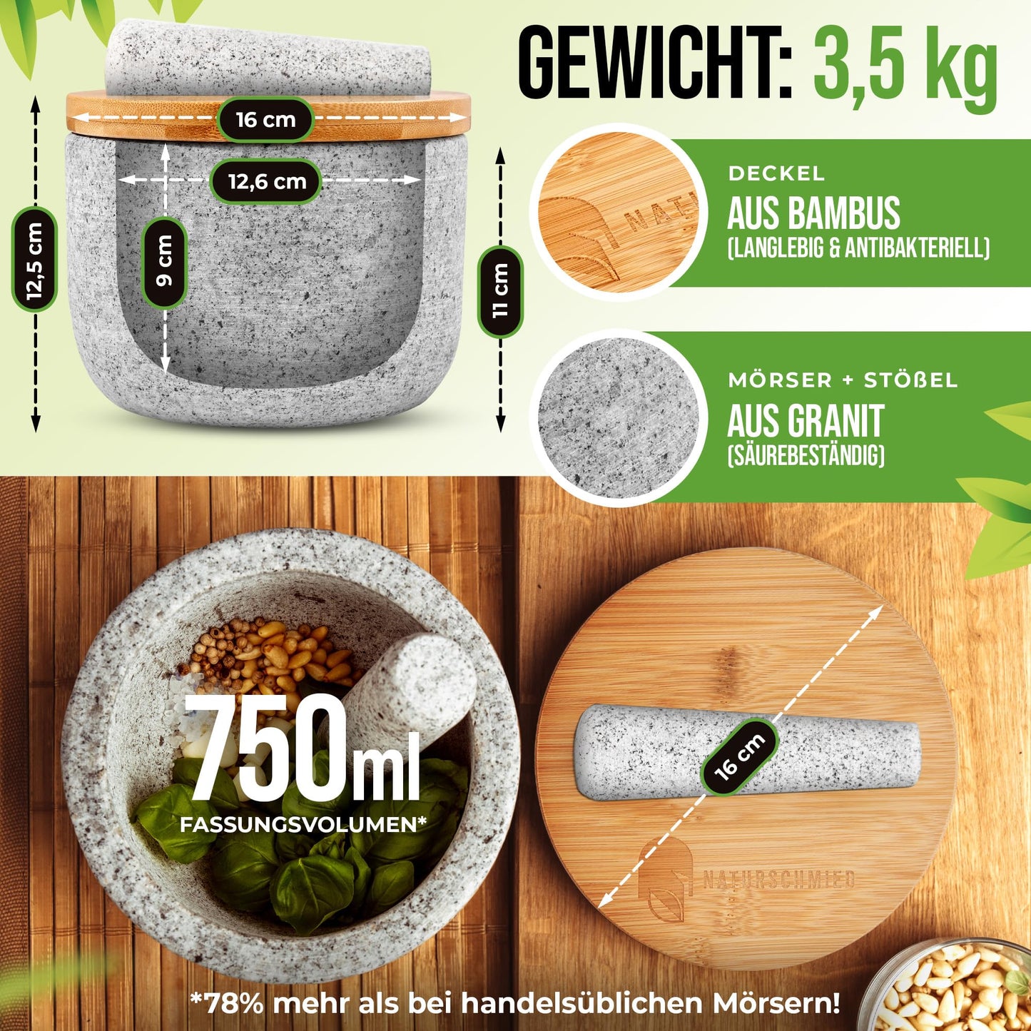 NATURSCHMIED Mörser mit Stößel & Deckel - AirProof 2.0 Verschluss + SolidStand Pad | 750 ml - Hellgrauer Premium Granit Mörser - Gewürze und Kräuter mörsern - ohne Abrieb