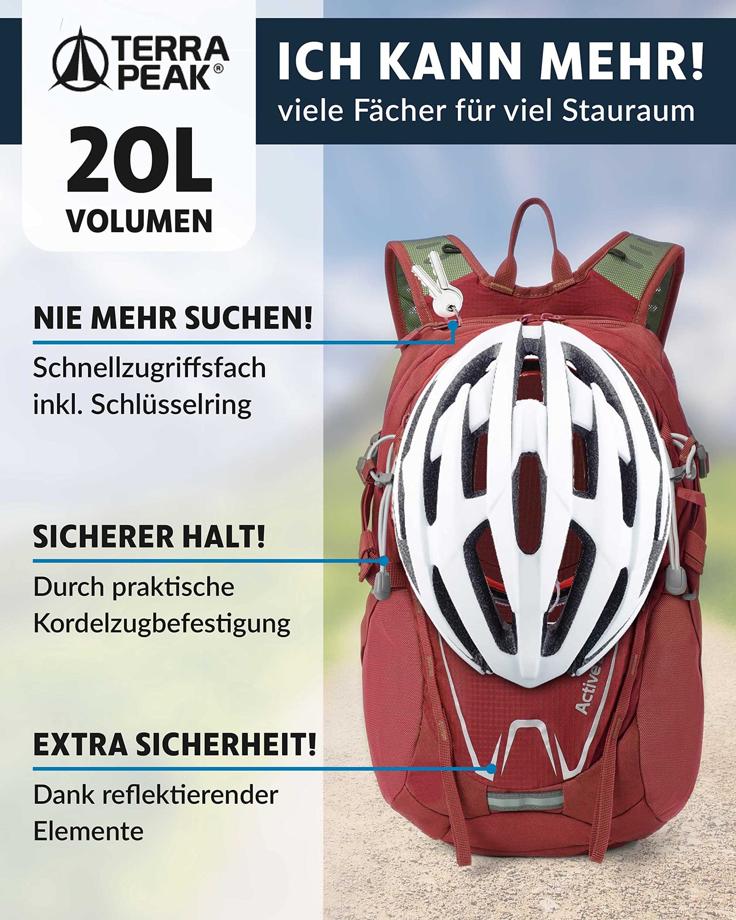 ELB walk Terra Peak Wanderrucksack 20L Active 20 Premium (klein) Trekkingrucksack mit Rückenbelüftung, Regenschutz-hülle & Trinksystem-Halterung, aus atmungsaktivem 3D Air Mesh, Outdoor Daypack mit Hüftgurt