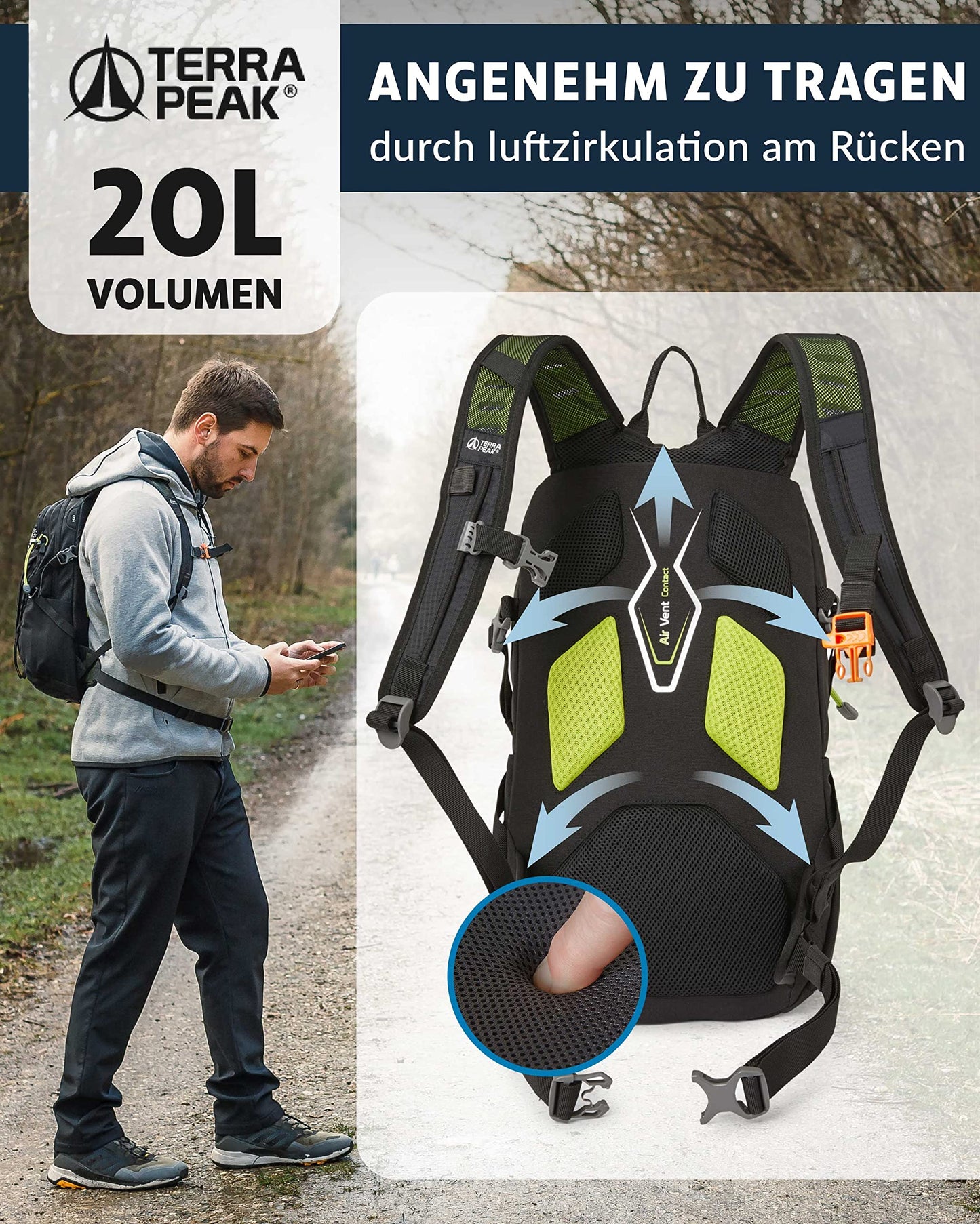 ELB walk Terra Peak Wanderrucksack 20L Active 20 Premium (klein) Trekkingrucksack mit Rückenbelüftung, Regenschutz-hülle & Trinksystem-Halterung, aus atmungsaktivem 3D Air Mesh, Outdoor Daypack mit Hüftgurt