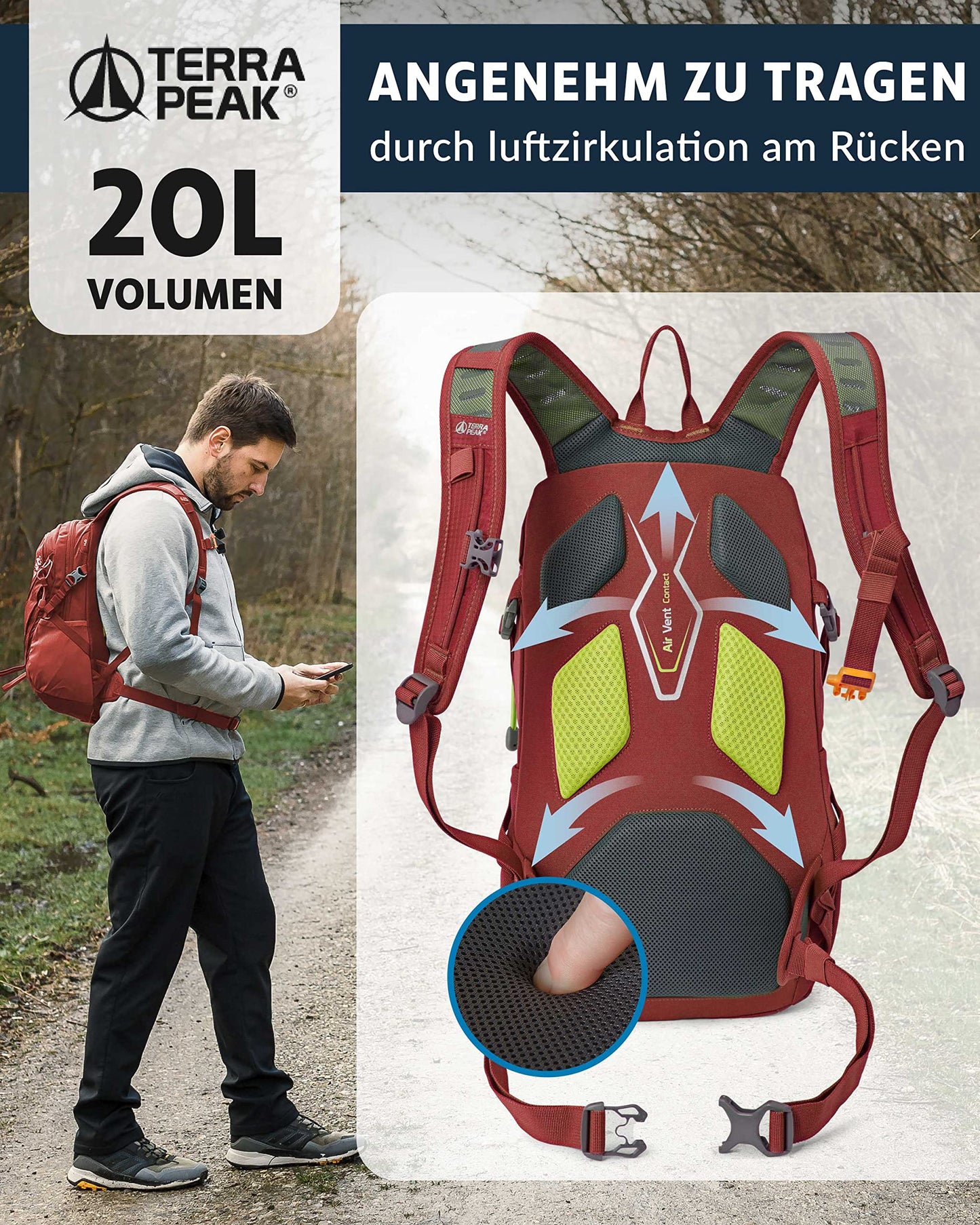 ELB walk Terra Peak Wanderrucksack 20L Active 20 Premium (klein) Trekkingrucksack mit Rückenbelüftung, Regenschutz-hülle & Trinksystem-Halterung, aus atmungsaktivem 3D Air Mesh, Outdoor Daypack mit Hüftgurt