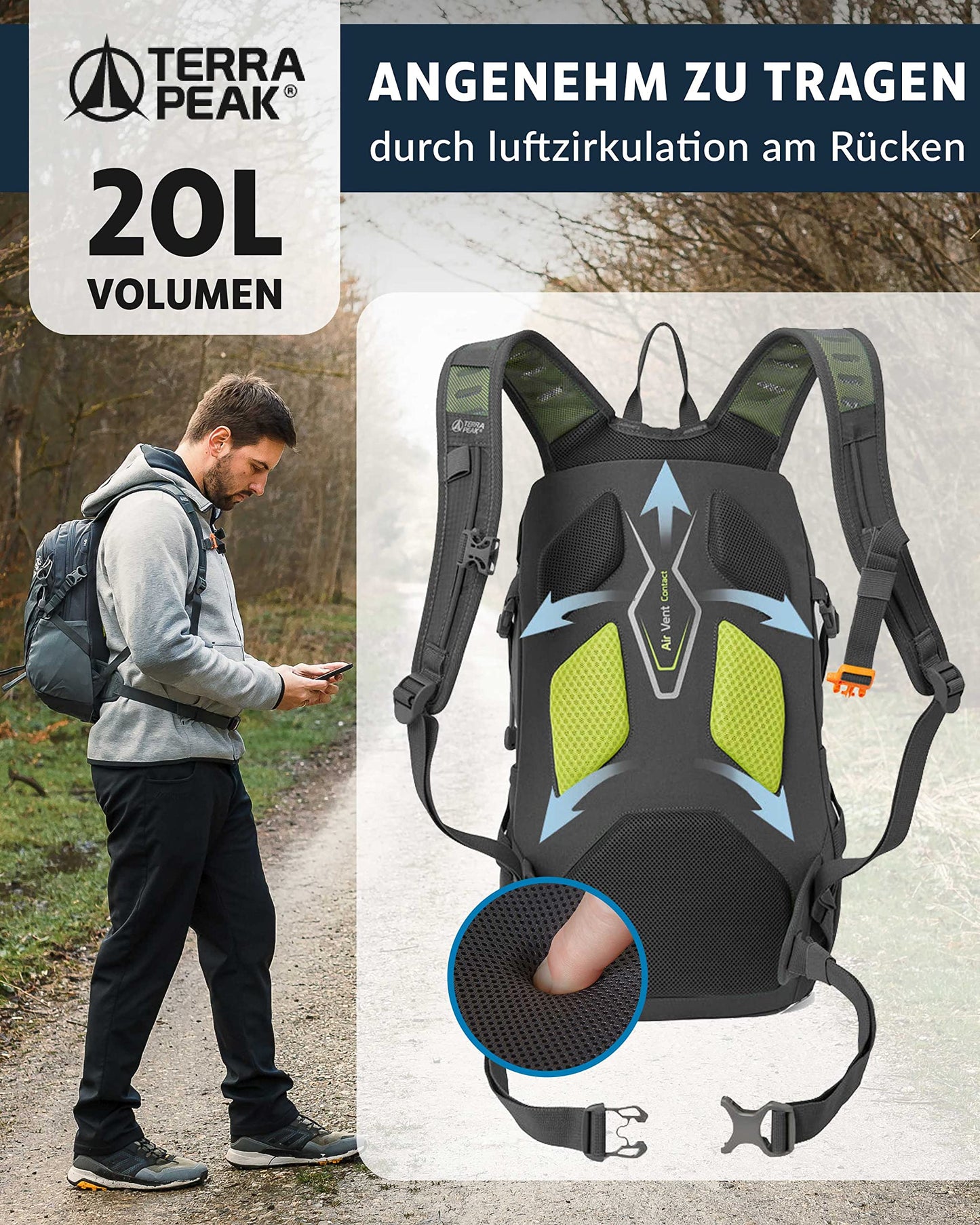 ELB walk Terra Peak Wanderrucksack 20L Active 20 Premium (klein) Trekkingrucksack mit Rückenbelüftung, Regenschutz-hülle & Trinksystem-Halterung, aus atmungsaktivem 3D Air Mesh, Outdoor Daypack mit Hüftgurt