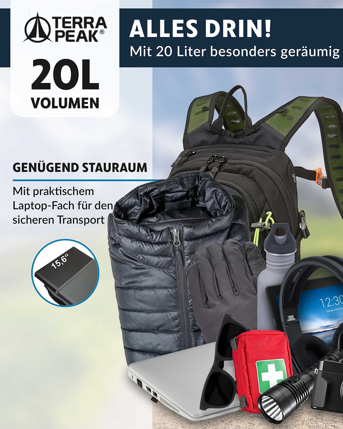 ELB walk Terra Peak Wanderrucksack 20L Active 20 Premium (klein) Trekkingrucksack mit Rückenbelüftung, Regenschutz-hülle & Trinksystem-Halterung, aus atmungsaktivem 3D Air Mesh, Outdoor Daypack mit Hüftgurt