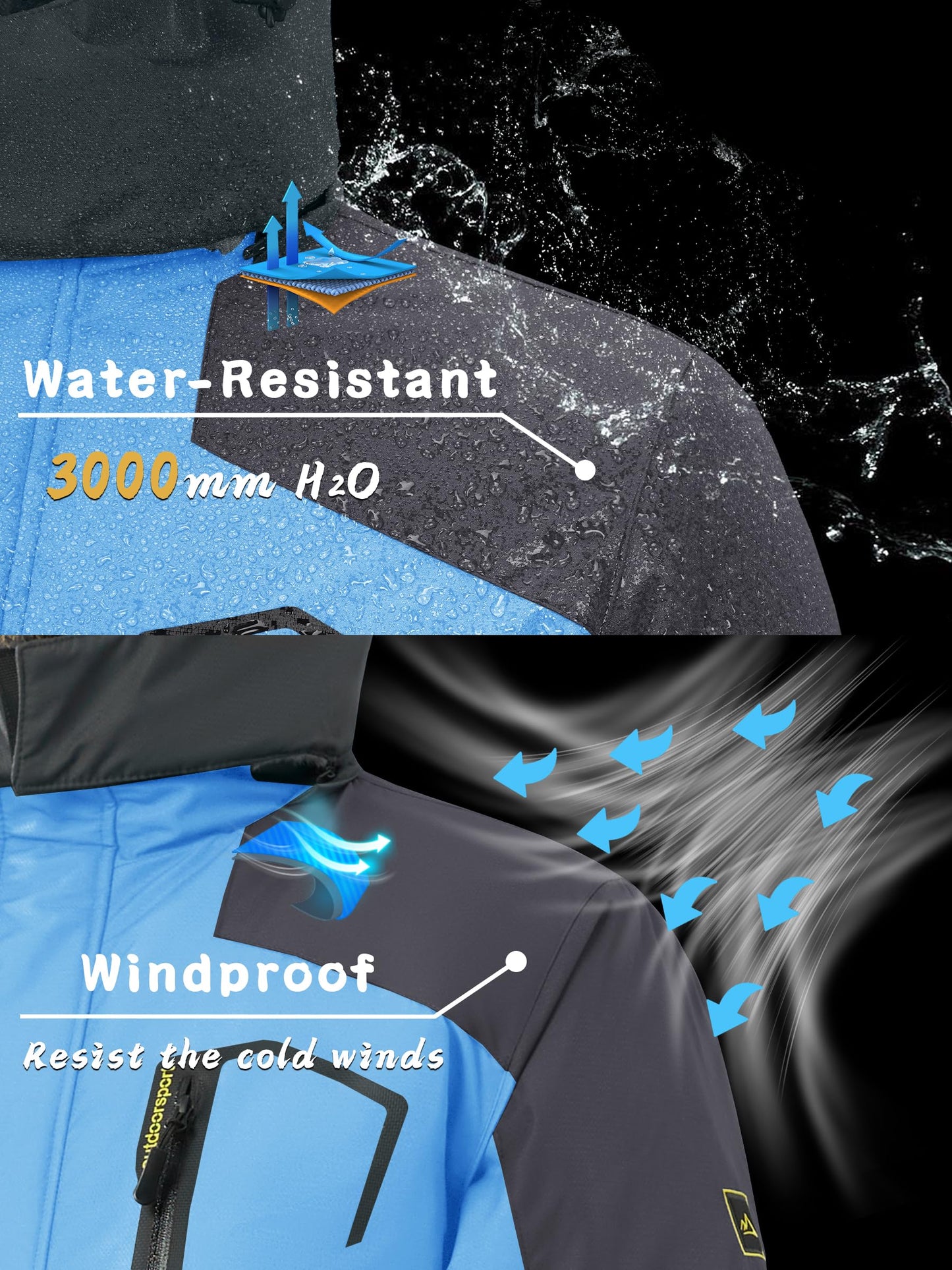 KEFITEVD Herren Skijacke Atmungsaktiv Warm Gefüttert Winterjacke mit Abnehmbarer Kapuze Snowboardjacke Wasserdicht Outdoorjacke