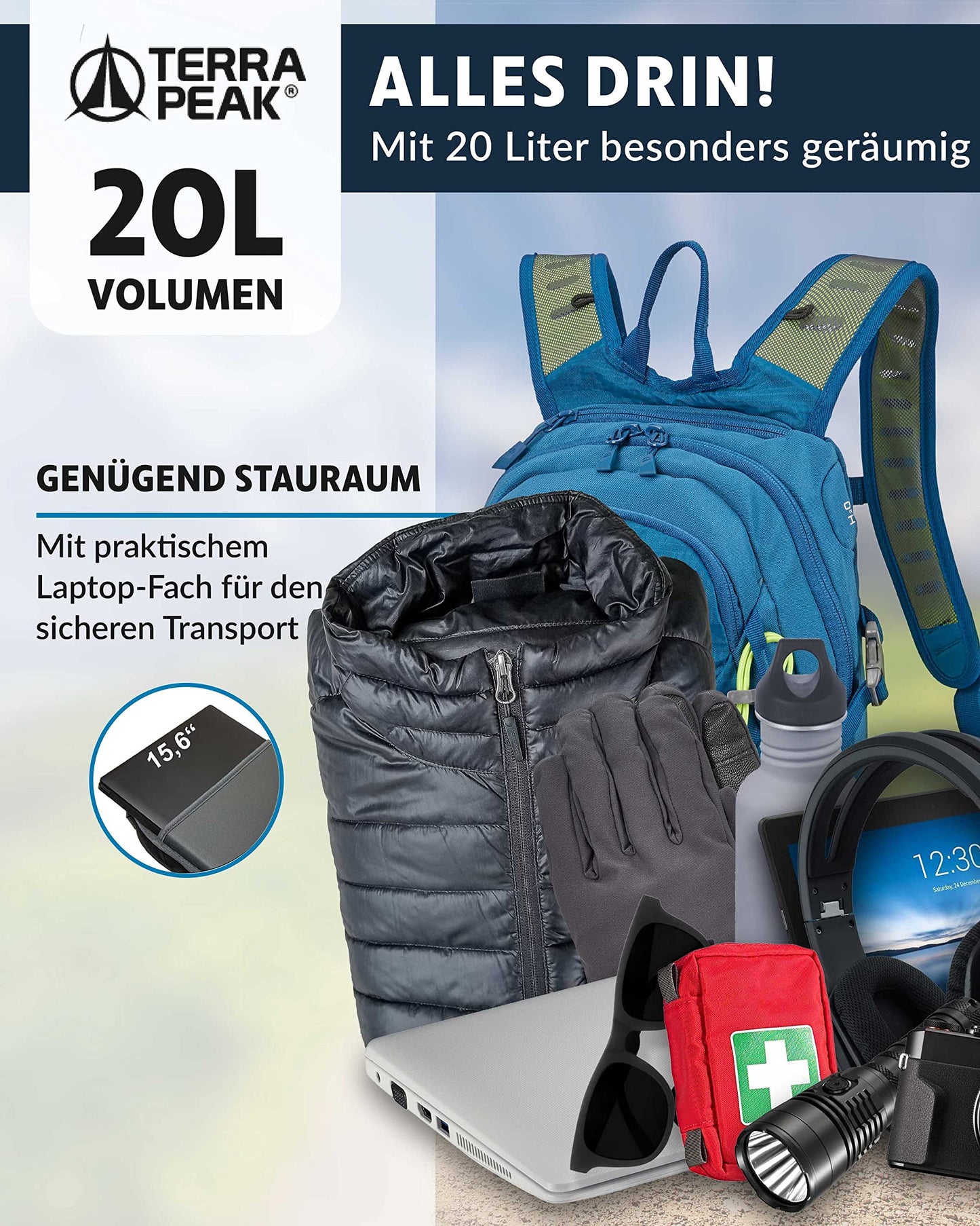 ELB walk Terra Peak Wanderrucksack 20L Active 20 Premium (klein) Trekkingrucksack mit Rückenbelüftung, Regenschutz-hülle & Trinksystem-Halterung, aus atmungsaktivem 3D Air Mesh, Outdoor Daypack mit Hüftgurt