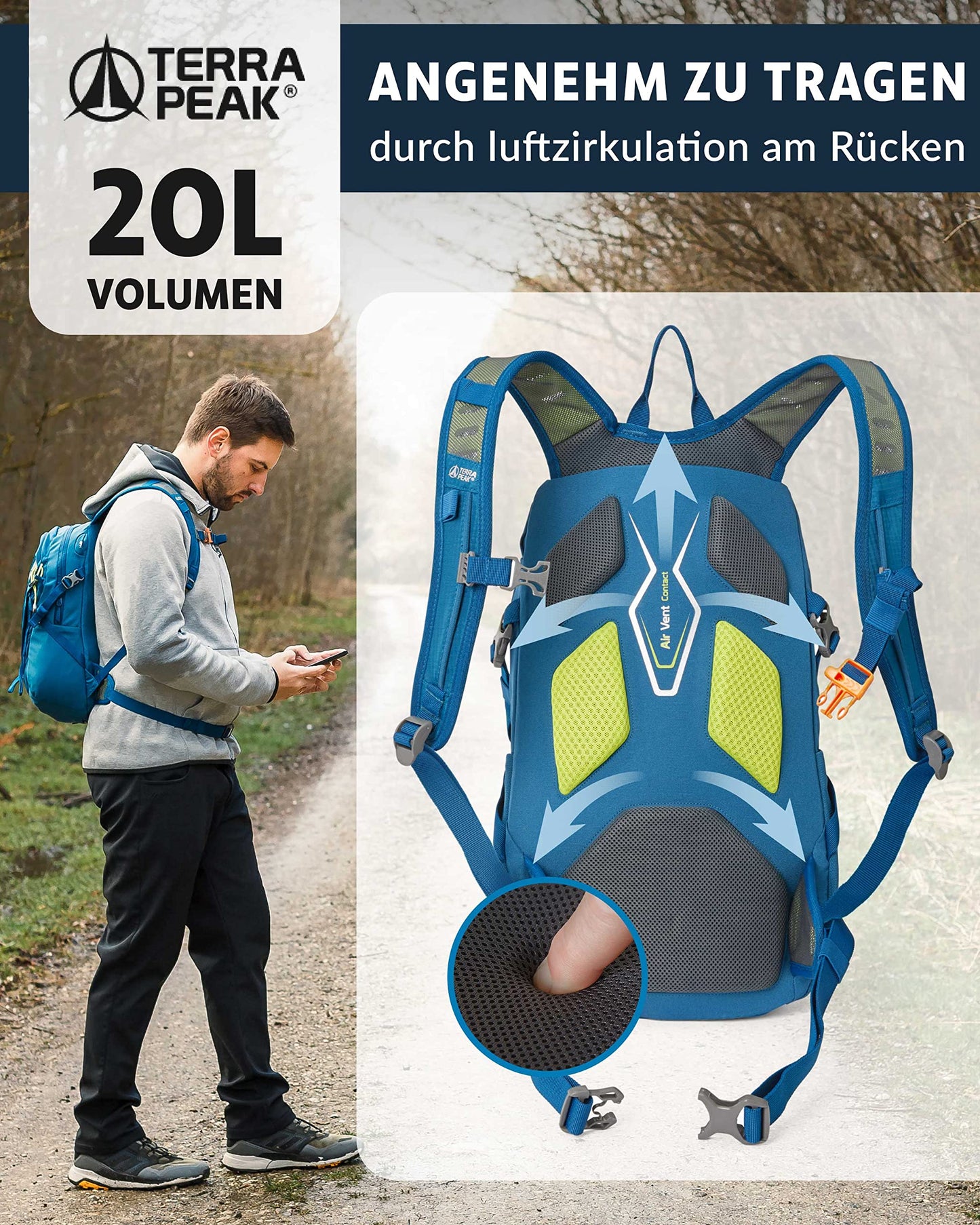 ELB walk Terra Peak Wanderrucksack 20L Active 20 Premium (klein) Trekkingrucksack mit Rückenbelüftung, Regenschutz-hülle & Trinksystem-Halterung, aus atmungsaktivem 3D Air Mesh, Outdoor Daypack mit Hüftgurt