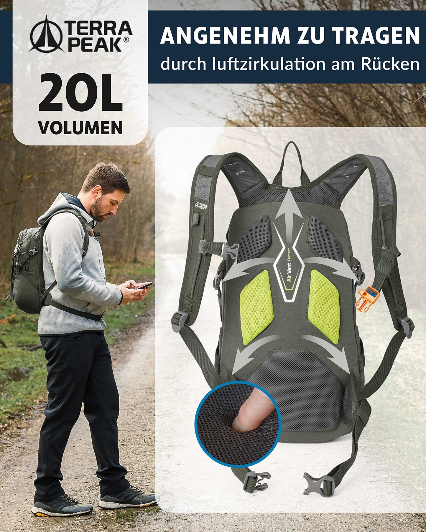 ELB walk Terra Peak Wanderrucksack 20L Active 20 Premium (klein) Trekkingrucksack mit Rückenbelüftung, Regenschutz-hülle & Trinksystem-Halterung, aus atmungsaktivem 3D Air Mesh, Outdoor Daypack mit Hüftgurt