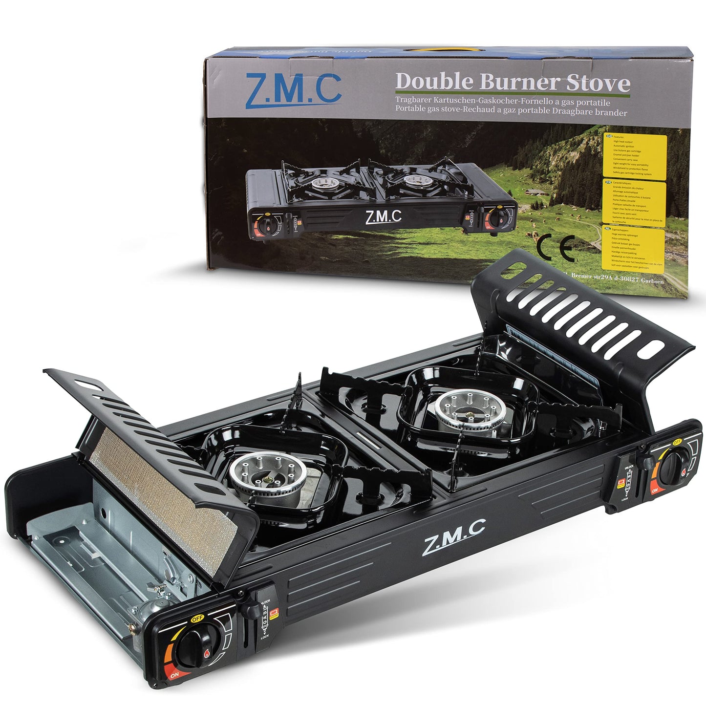 Z.M.C PREMIUM Camping Gaskocher 2-flammig + Grillplatte 45x24 cm + 8 Gaskartuschen 227g, Campingkocher mit Zündsicherung für Outdoor und Innenraum, Balkon Doppelgaskocher mit Piezozündung