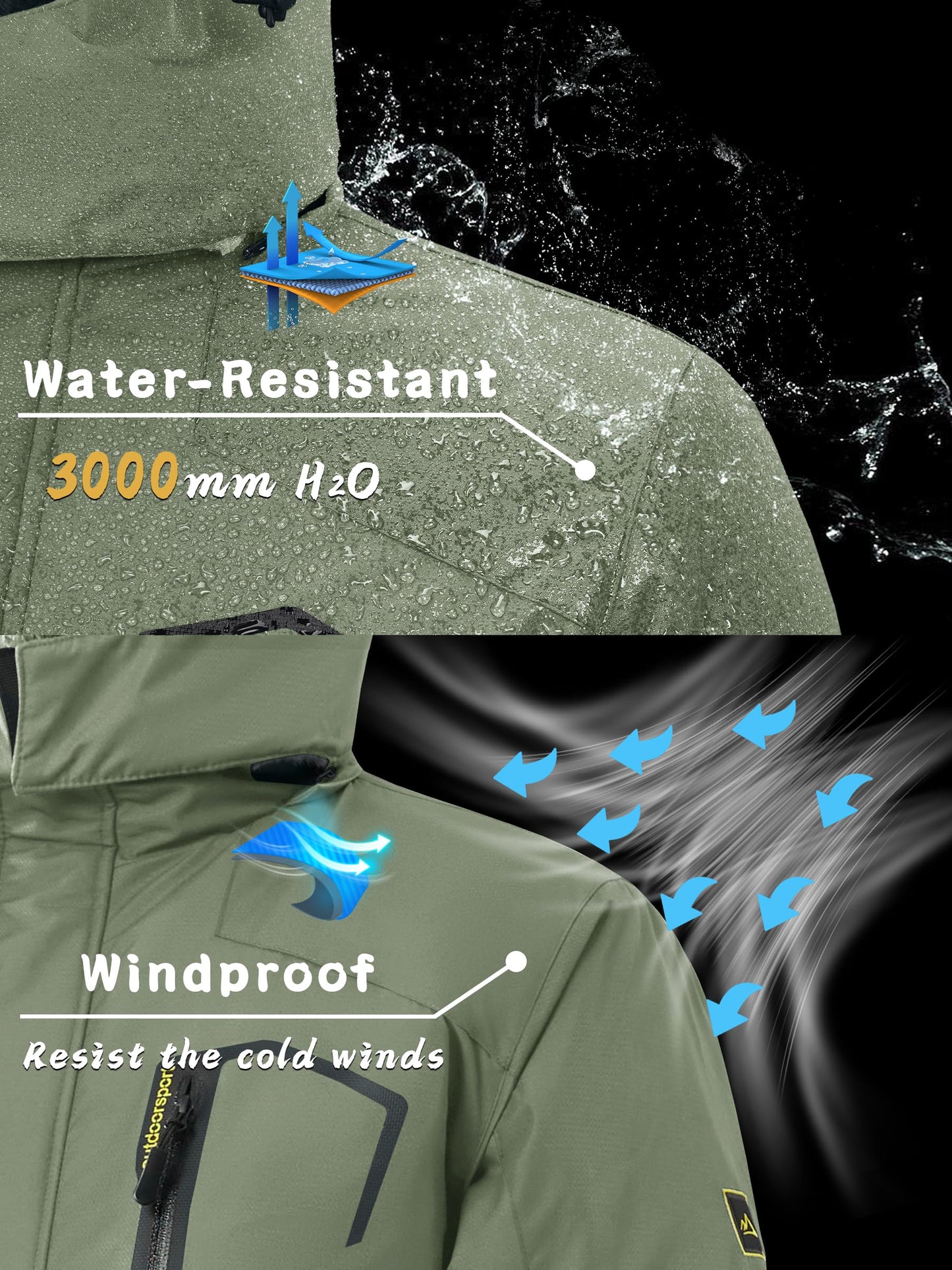 KEFITEVD Herren Skijacke Atmungsaktiv Warm Gefüttert Winterjacke mit Abnehmbarer Kapuze Snowboardjacke Wasserdicht Outdoorjacke