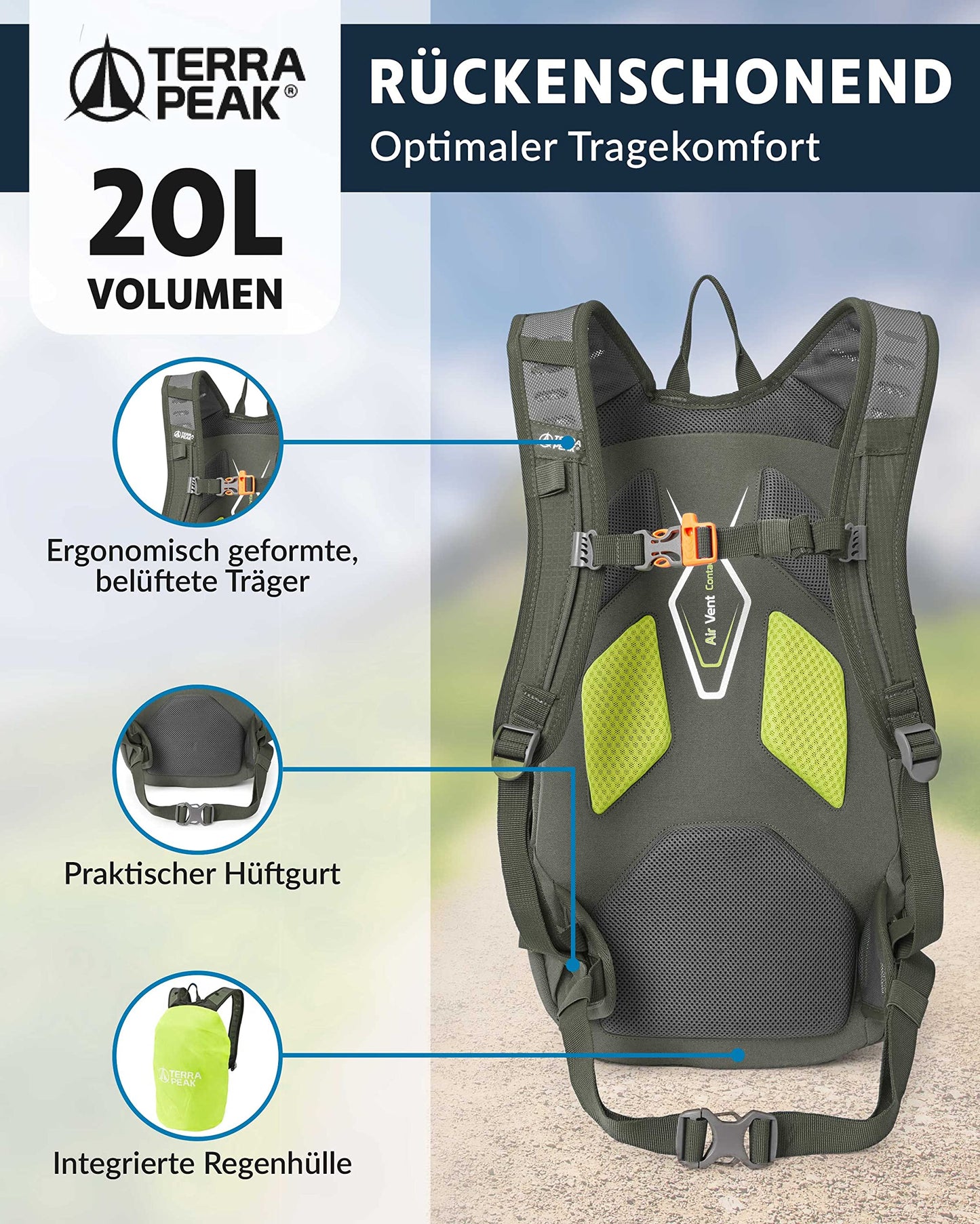 ELB walk Terra Peak Wanderrucksack 20L Active 20 Premium (klein) Trekkingrucksack mit Rückenbelüftung, Regenschutz-hülle & Trinksystem-Halterung, aus atmungsaktivem 3D Air Mesh, Outdoor Daypack mit Hüftgurt