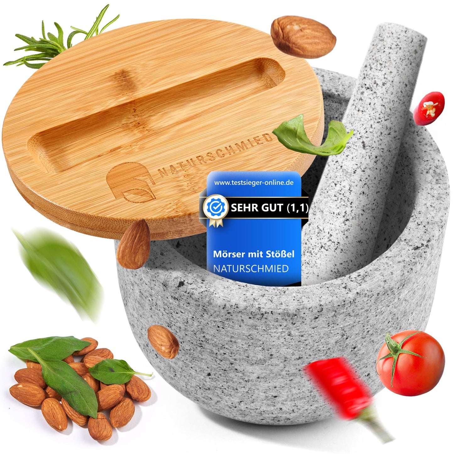 NATURSCHMIED Mörser mit Stößel & Deckel - AirProof 2.0 Verschluss + SolidStand Pad | 750 ml - Hellgrauer Premium Granit Mörser - Gewürze und Kräuter mörsern - ohne Abrieb