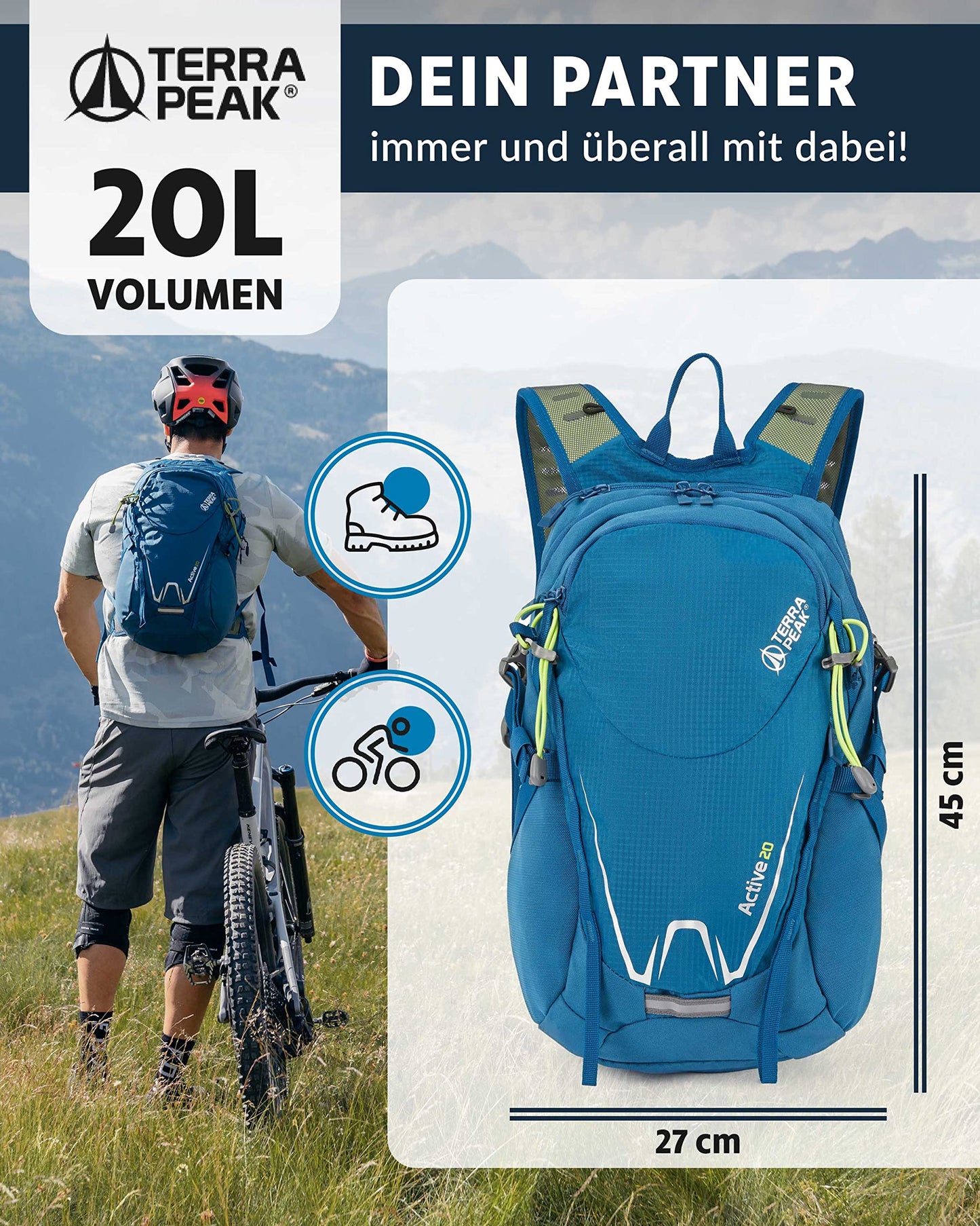 ELB walk Terra Peak Wanderrucksack 20L Active 20 Premium (klein) Trekkingrucksack mit Rückenbelüftung, Regenschutz-hülle & Trinksystem-Halterung, aus atmungsaktivem 3D Air Mesh, Outdoor Daypack mit Hüftgurt