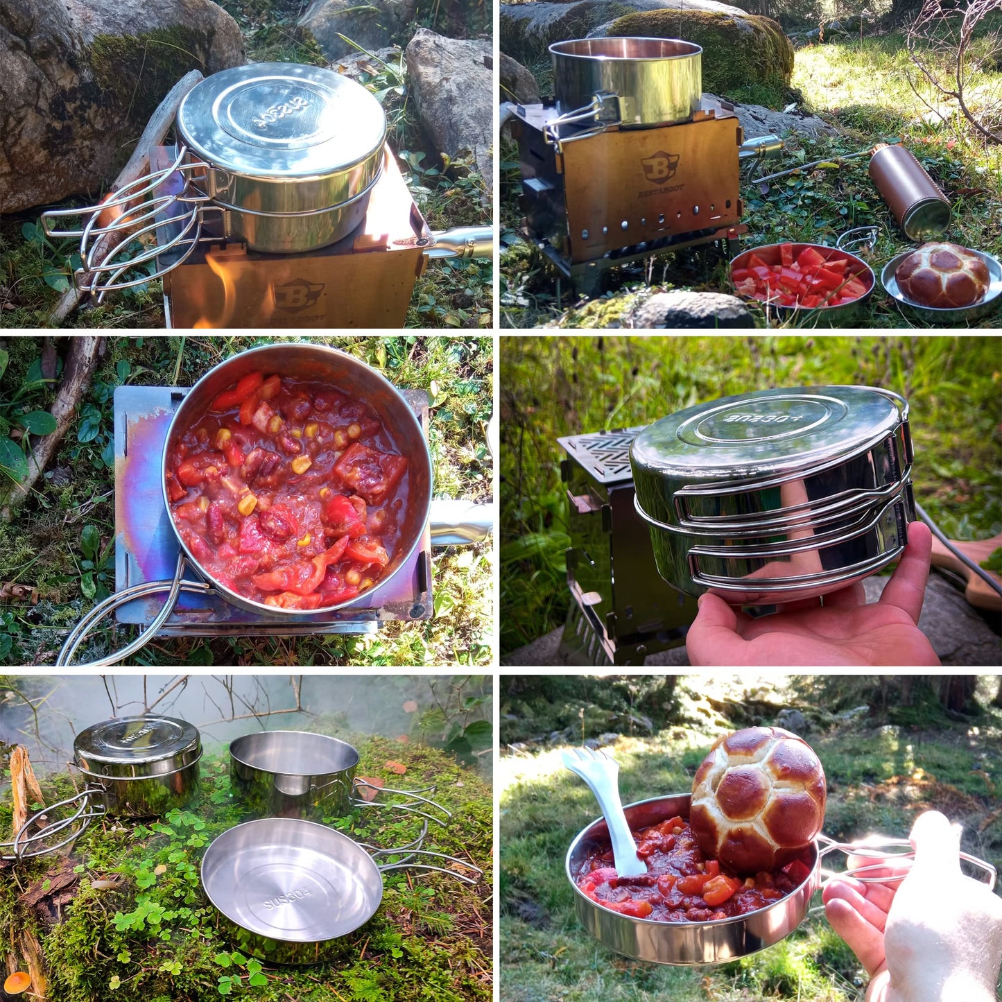 Bestargot Camping Kochgeschirr Set Kochtopf mit Pfanne,Outdoor Kochgeschirr Picknick Topf,Ultraleicht Camping Topf Pfanne Set,Camping Geschirr Set für Bushcraft