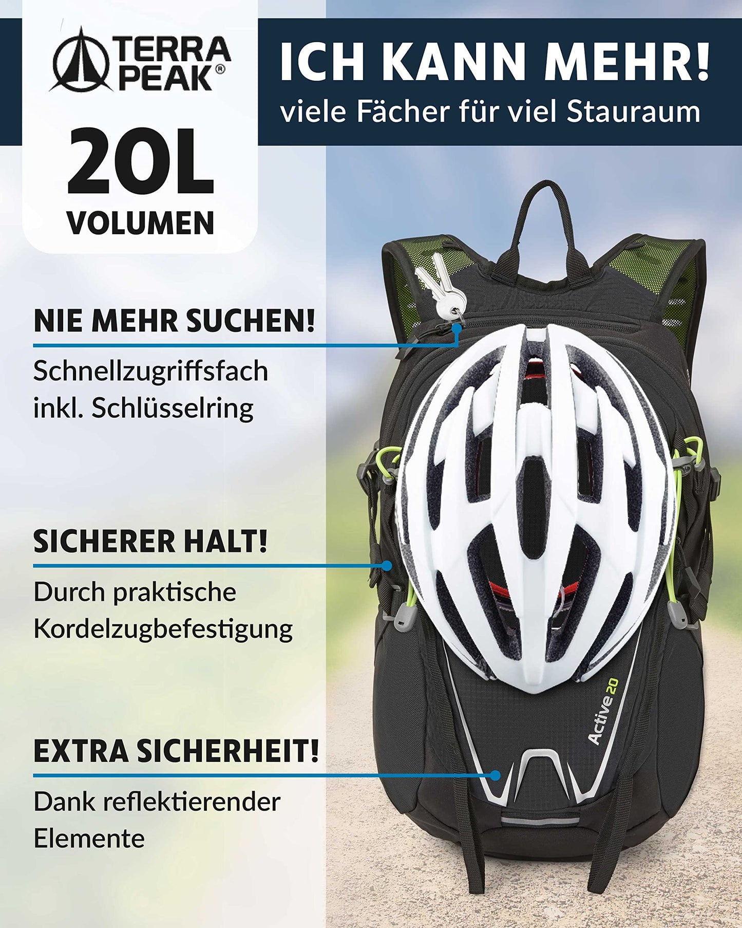 ELB walk Terra Peak Wanderrucksack 20L Active 20 Premium (klein) Trekkingrucksack mit Rückenbelüftung, Regenschutz-hülle & Trinksystem-Halterung, aus atmungsaktivem 3D Air Mesh, Outdoor Daypack mit Hüftgurt
