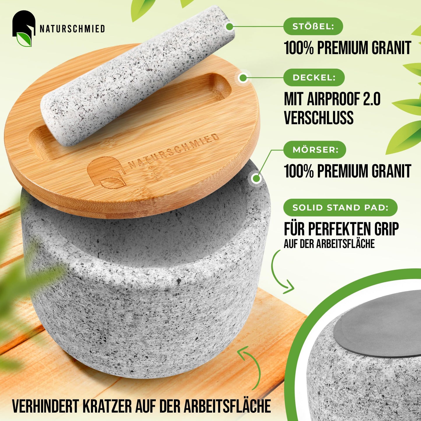 NATURSCHMIED Mörser mit Stößel & Deckel - AirProof 2.0 Verschluss + SolidStand Pad | 750 ml - Hellgrauer Premium Granit Mörser - Gewürze und Kräuter mörsern - ohne Abrieb