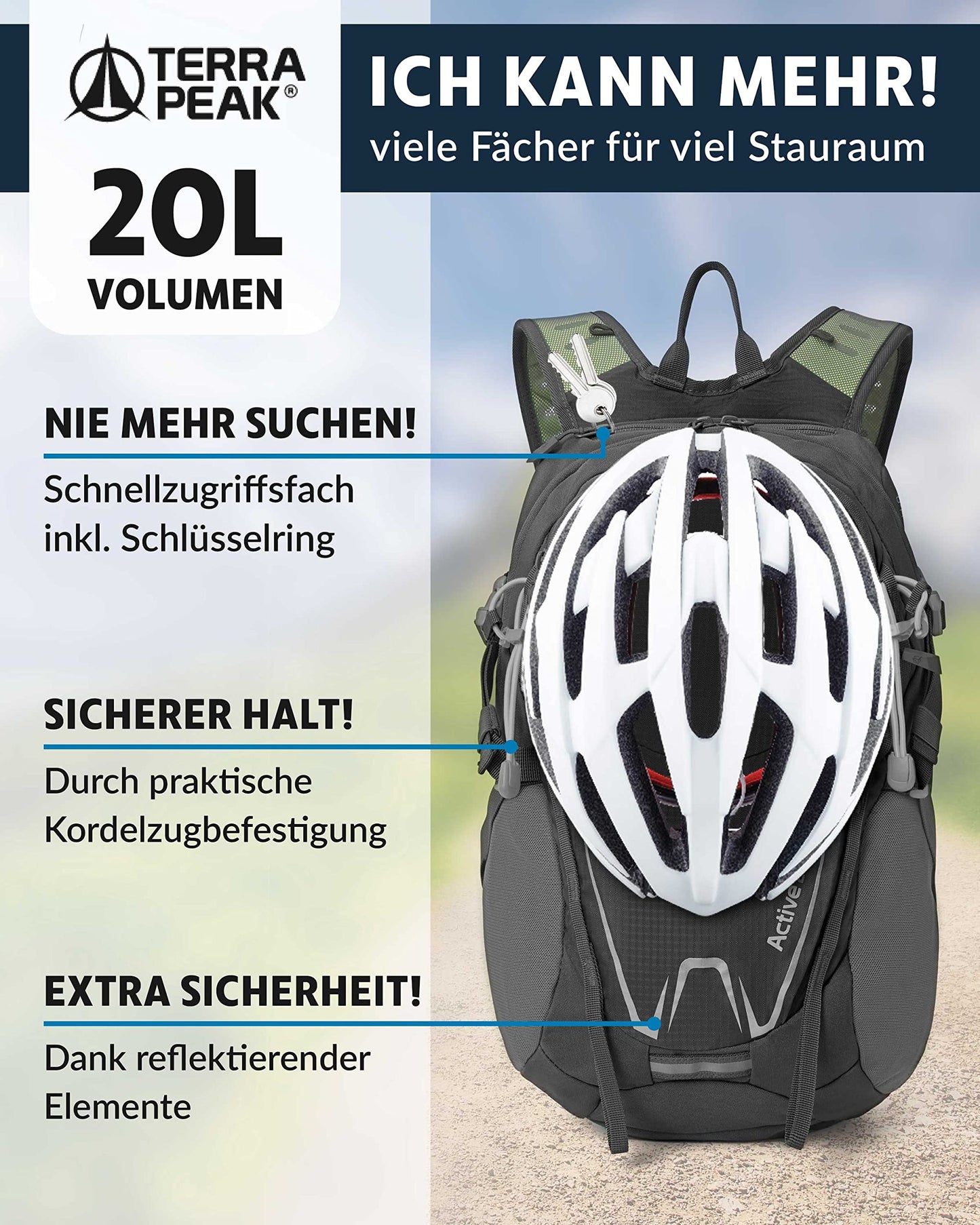 ELB walk Terra Peak Wanderrucksack 20L Active 20 Premium (klein) Trekkingrucksack mit Rückenbelüftung, Regenschutz-hülle & Trinksystem-Halterung, aus atmungsaktivem 3D Air Mesh, Outdoor Daypack mit Hüftgurt