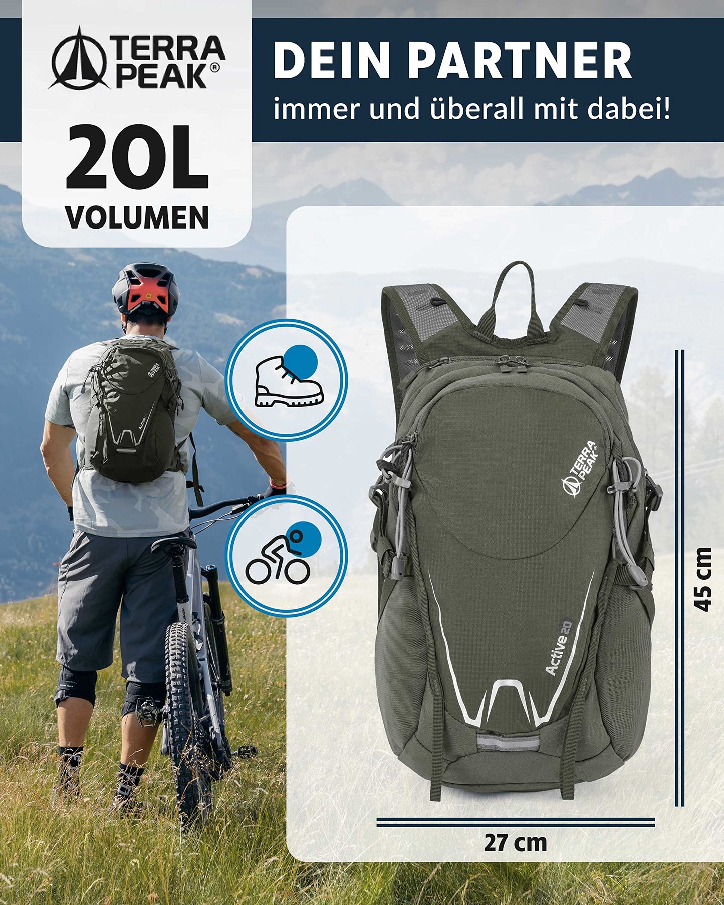 ELB walk Terra Peak Wanderrucksack 20L Active 20 Premium (klein) Trekkingrucksack mit Rückenbelüftung, Regenschutz-hülle & Trinksystem-Halterung, aus atmungsaktivem 3D Air Mesh, Outdoor Daypack mit Hüftgurt