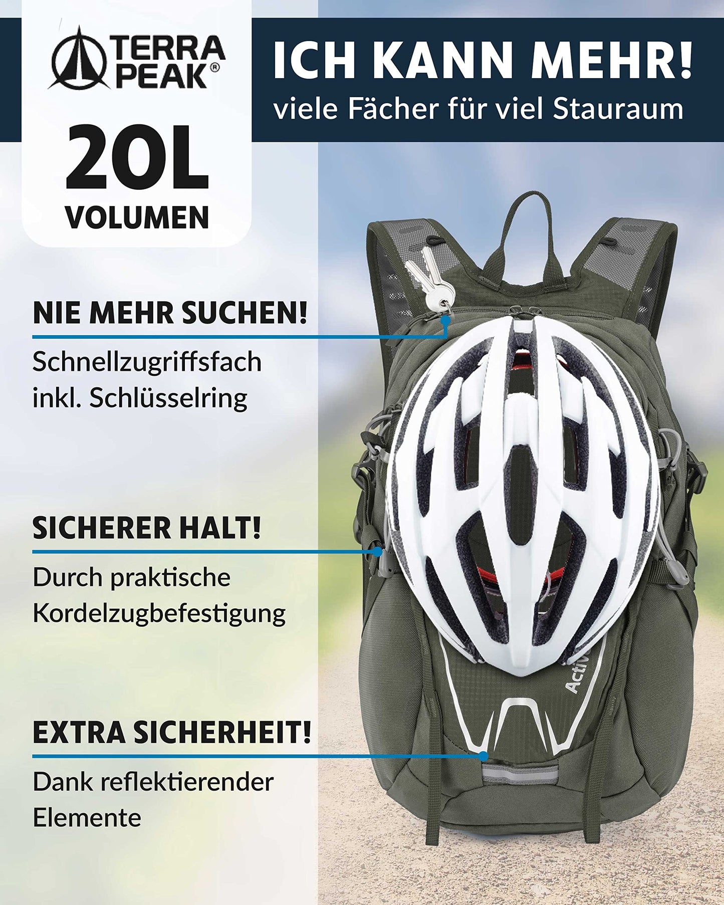 ELB walk Terra Peak Wanderrucksack 20L Active 20 Premium (klein) Trekkingrucksack mit Rückenbelüftung, Regenschutz-hülle & Trinksystem-Halterung, aus atmungsaktivem 3D Air Mesh, Outdoor Daypack mit Hüftgurt