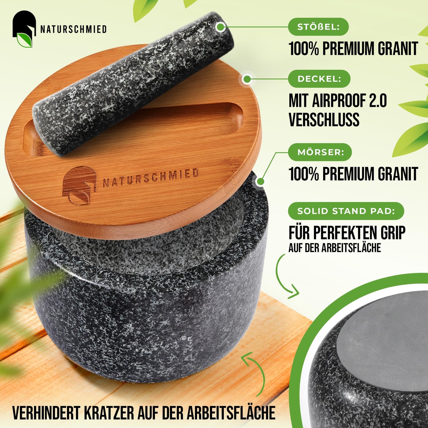 NATURSCHMIED Mörser mit Stößel & Deckel - AirProof 2.0 Verschluss + SolidStand Pad | 750 ml - Hellgrauer Premium Granit Mörser - Gewürze und Kräuter mörsern - ohne Abrieb