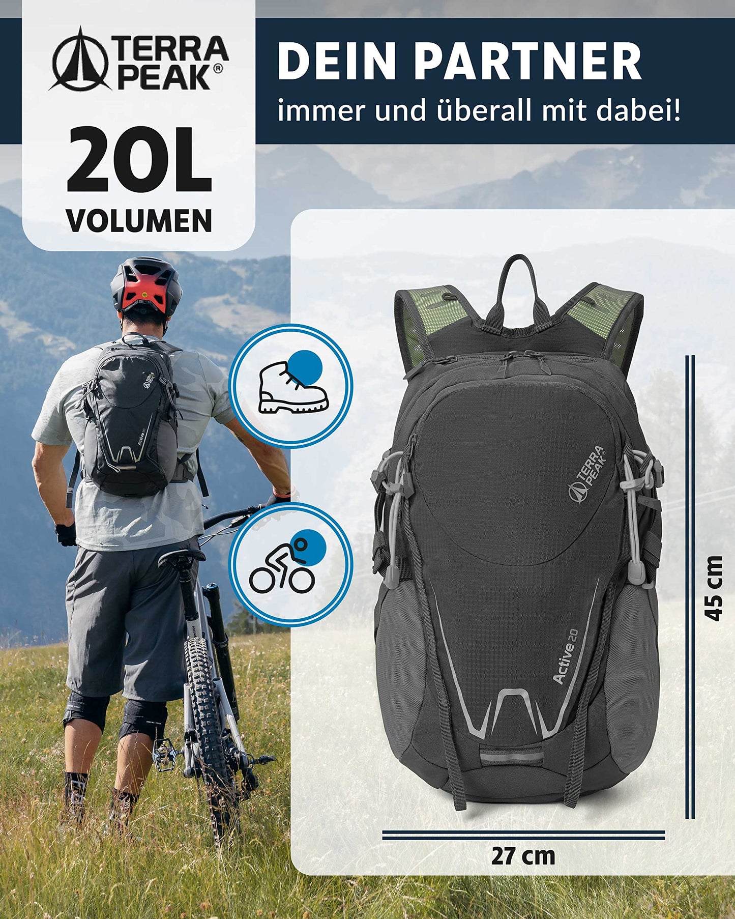 ELB walk Terra Peak Wanderrucksack 20L Active 20 Premium (klein) Trekkingrucksack mit Rückenbelüftung, Regenschutz-hülle & Trinksystem-Halterung, aus atmungsaktivem 3D Air Mesh, Outdoor Daypack mit Hüftgurt