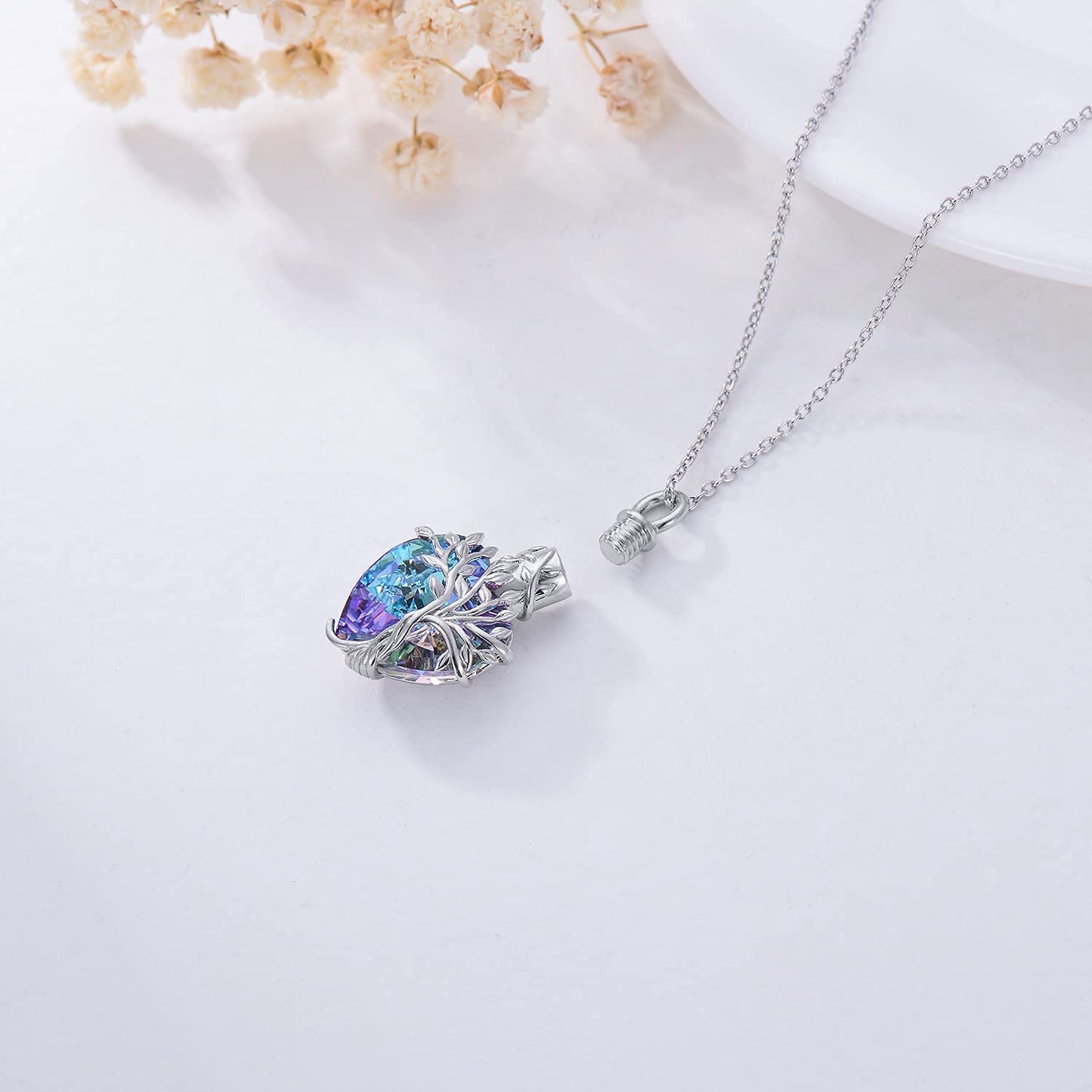Ederseensucht-TOUPOP Urnenkette für Ashes 925 Sterling Silber Baum des Lebens/Schmetterling Ascheschmuck Asche Urne Anhänger Cremation Halskette mit Herz Kristall Memory Schmuck für Damen Herren