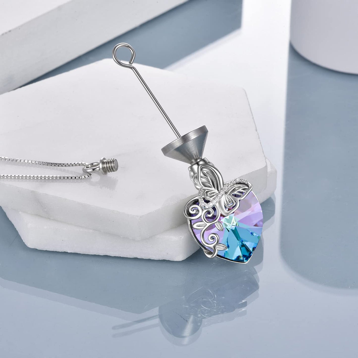 Ederseensucht-TOUPOP Urnenkette für Ashes 925 Sterling Silber Baum des Lebens/Schmetterling Ascheschmuck Asche Urne Anhänger Cremation Halskette mit Herz Kristall Memory Schmuck für Damen Herren