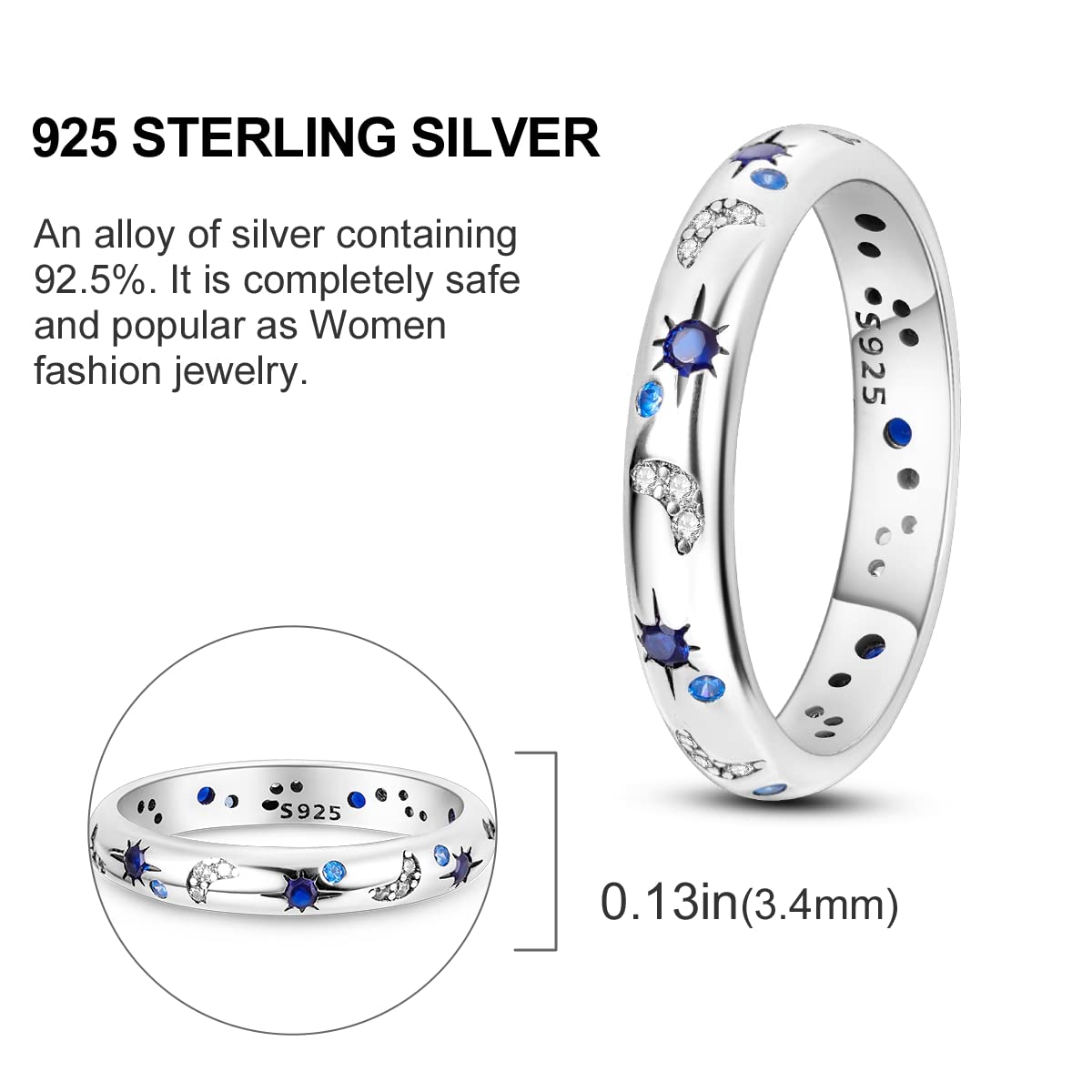 NARMO 925 Sterling Silber Frauen Ringe Mond Stern Ring Evil Eye Ring Bunte Cubic Zirkonia Ring Stapelbare Vintage Ringe Statement Ringe für Frauen Größe 52-60mm