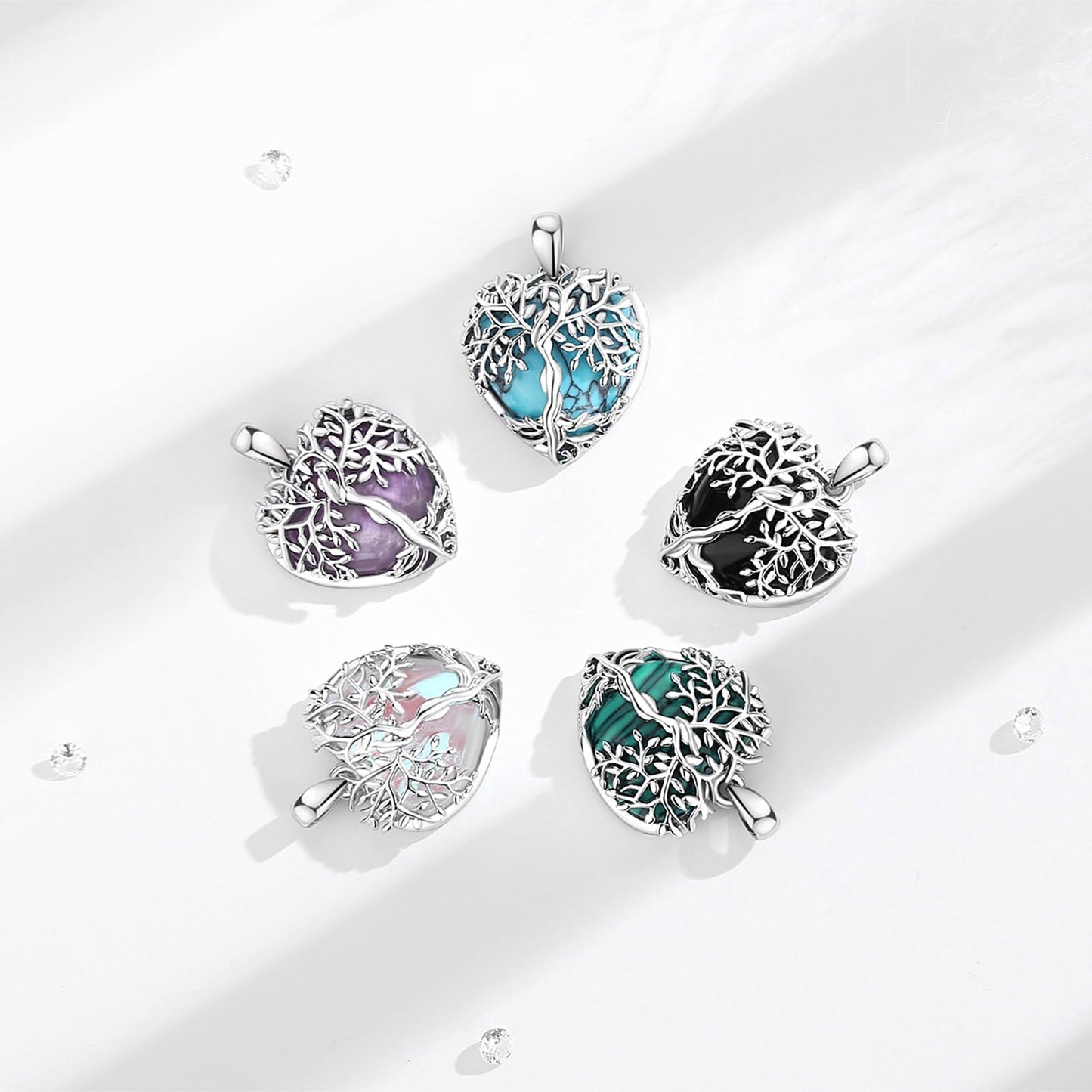 EDERSEENSUCHT - AEONSLOVE Lebensbaum Kette mit Kristall, Baum des Lebens Mondstein Halskette für Damen Türkis Amethyst Anhänger Obsidian Malachit Stein Kette Heilsteine Schmuck
