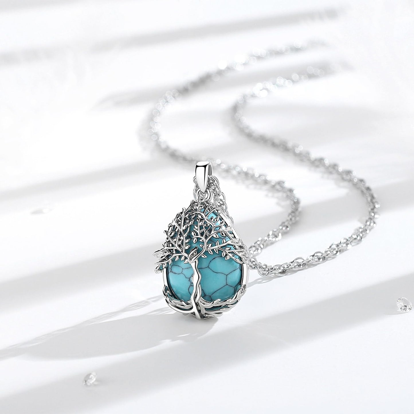 EDERSEENSUCHT - AEONSLOVE Lebensbaum Kette mit Kristall, Baum des Lebens Mondstein Halskette für Damen Türkis Amethyst Anhänger Obsidian Malachit Stein Kette Heilsteine Schmuck