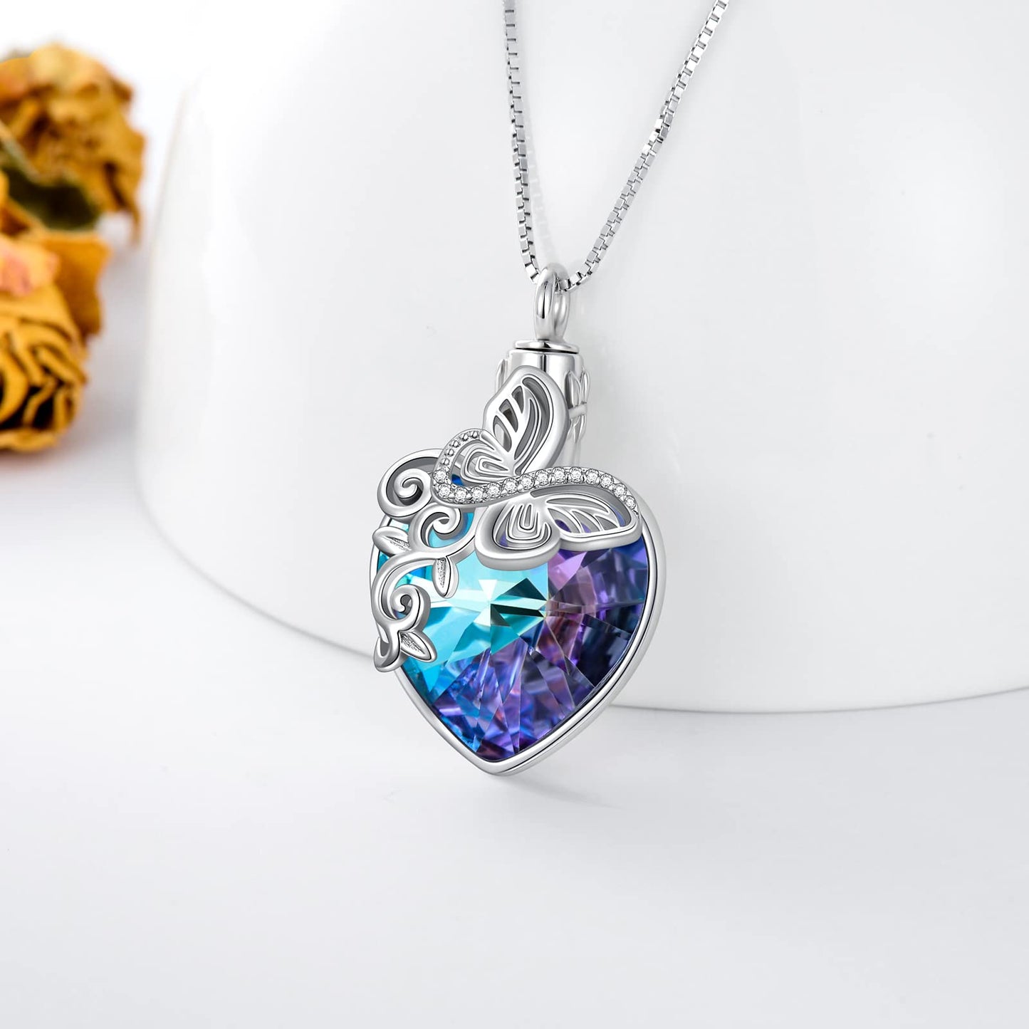 Ederseensucht-TOUPOP Urnenkette für Ashes 925 Sterling Silber Baum des Lebens/Schmetterling Ascheschmuck Asche Urne Anhänger Cremation Halskette mit Herz Kristall Memory Schmuck für Damen Herren