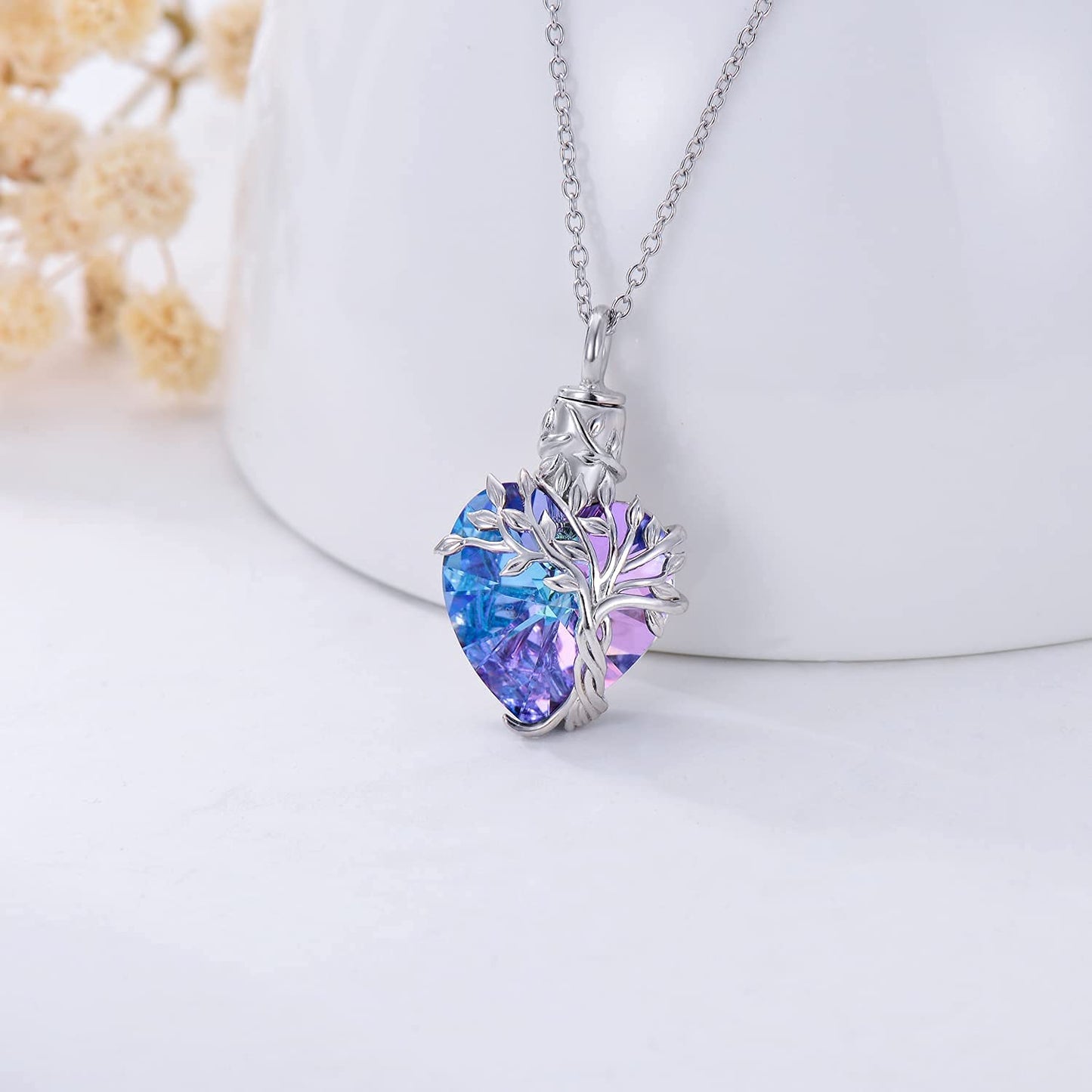 Ederseensucht-TOUPOP Urnenkette für Ashes 925 Sterling Silber Baum des Lebens/Schmetterling Ascheschmuck Asche Urne Anhänger Cremation Halskette mit Herz Kristall Memory Schmuck für Damen Herren