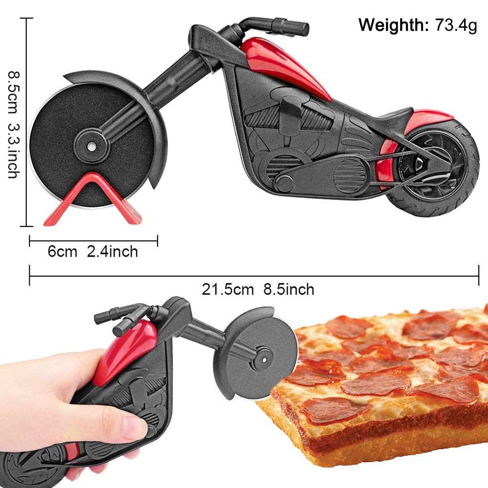 ELB Biker Motorrad Pizzaschneider, Lustige Pizza Schneider Edelstahl Kunststoff Pizzaroller Pizzarad Pizzamesser, Pizza Cutter mit Scharfem Schneiderad & Ständer für Weihnachten Kreativ Geschenke (Rot)