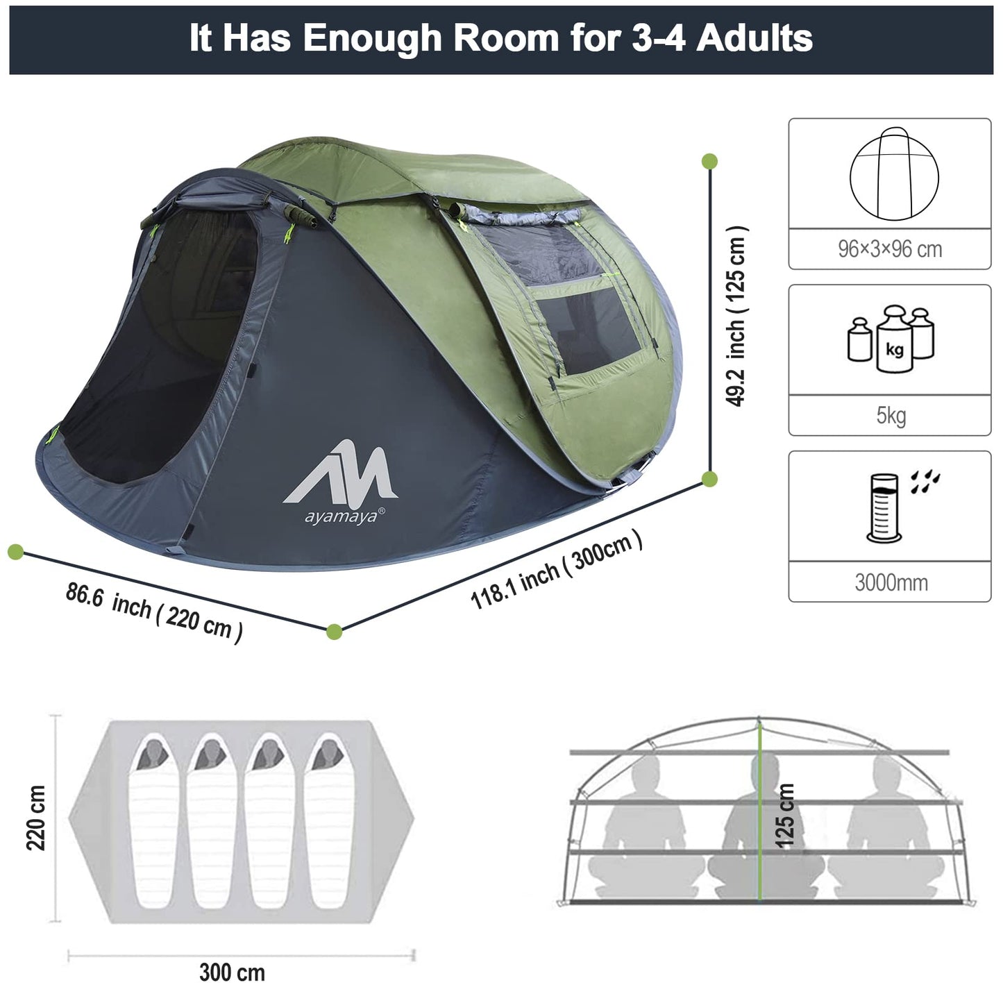 Zelt 3-4 Personen Pop Up Wurfzelt mit Große Dachfenster, Strandmuschel Automatik 4 Mann Zelte Wasserdicht Strandzelt Festivalzelt Schnellaufbauzelt für Outdoor Camping Picknick Wandern