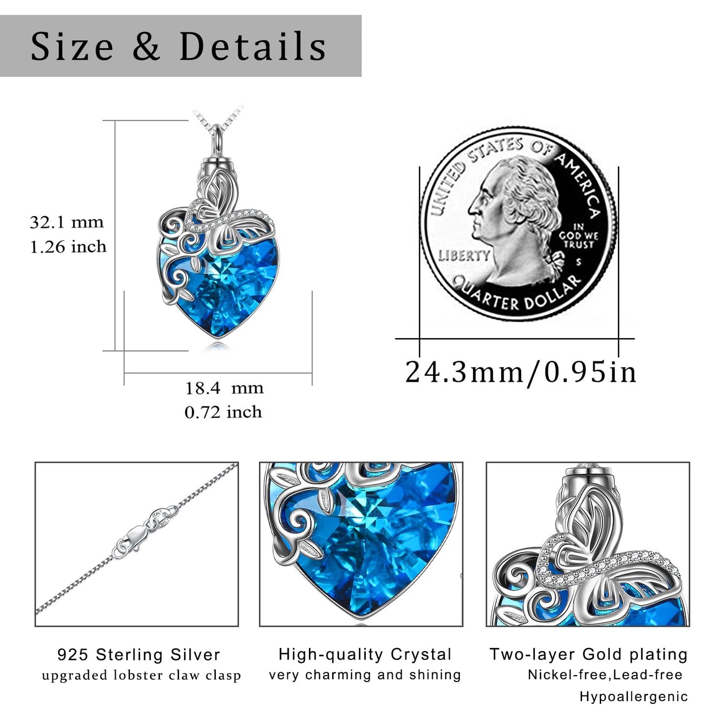Ederseensucht-TOUPOP Urnenkette für Ashes 925 Sterling Silber Baum des Lebens/Schmetterling Ascheschmuck Asche Urne Anhänger Cremation Halskette mit Herz Kristall Memory Schmuck für Damen Herren