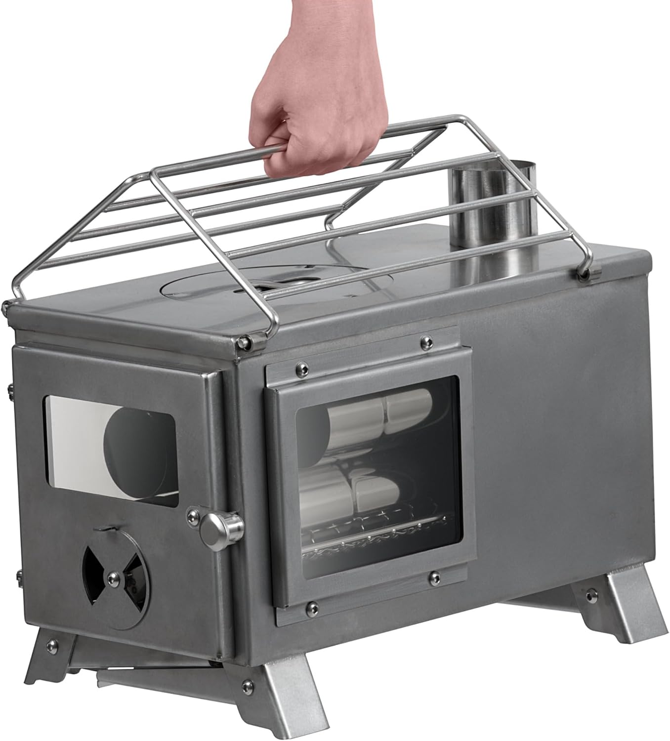 CampFeuer Edelstahl Zeltofen | 51,5 x 42 x 216 cm | silber | Tragbarer Holzofen für Camping, Outdoor, Zelt | Zeltheizung Camping, Zeltofen Holz, Tent Stove, Zelt Ofen Outdoor