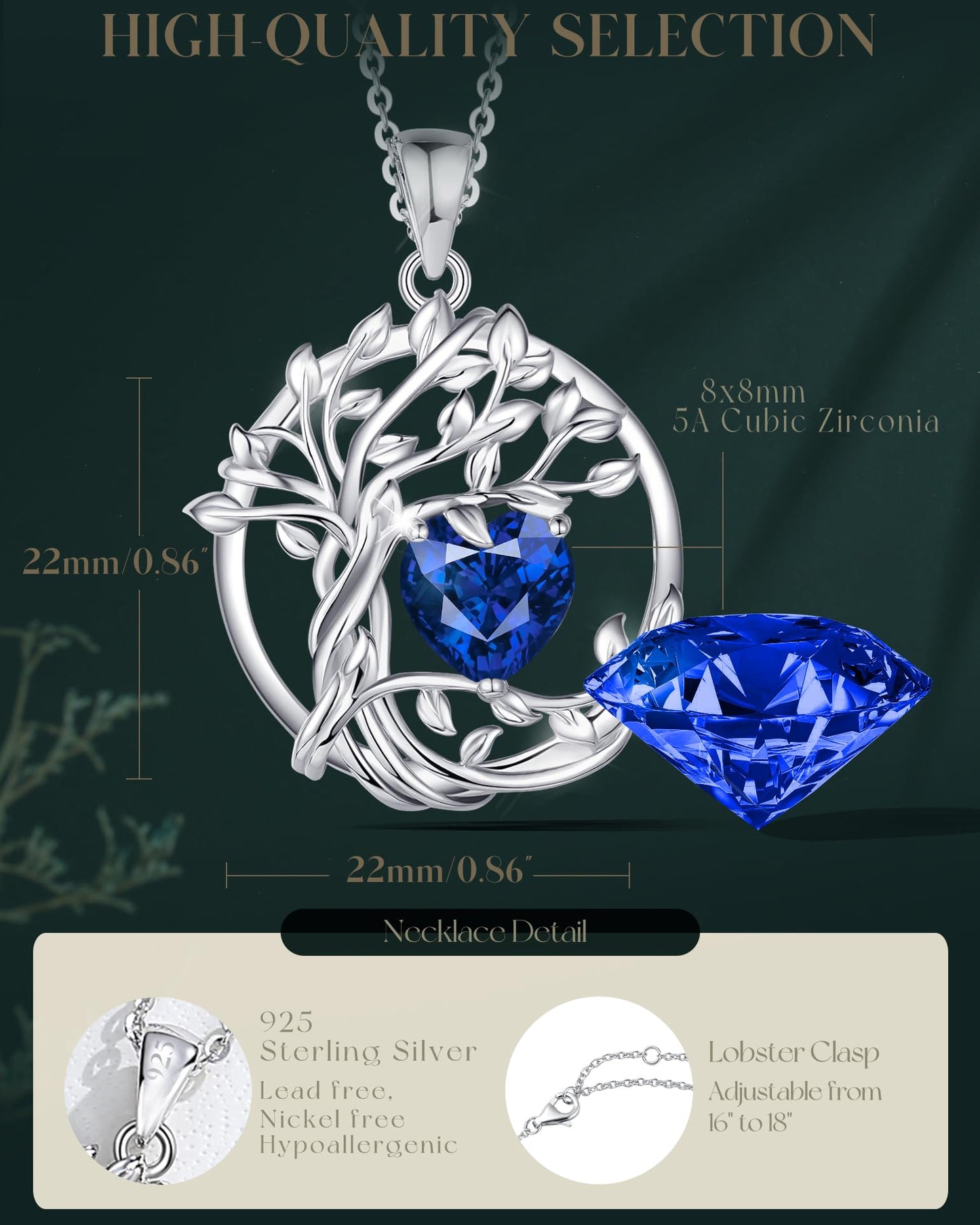 Edersee Lebensbaum Birthstone Kette für Damen 925 Sterling Silber Baum des Lebens Birthstone Anhänger Halskette Schmuck Geschenke für Frauen Mädchen, Kettenlänge: 40+5 cm